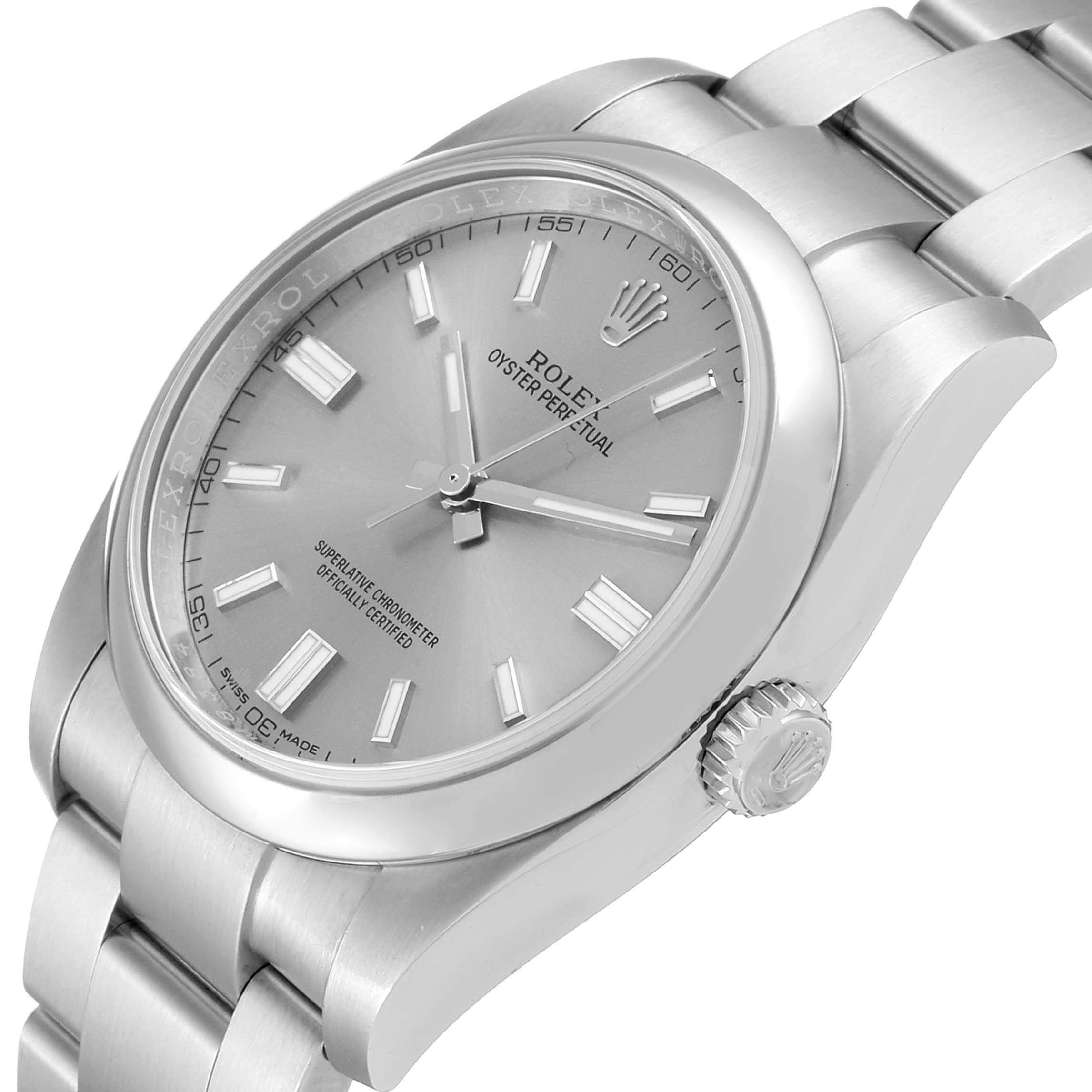 The image shows a Rolex Oyster Perpetual 116000 Men
s Stainless Steel Grey Dial 116000 Men
s Stainless Steel Grey Dial watch at a slight angle, highlighting the dial, bezel, crown, and part of the bracelet.