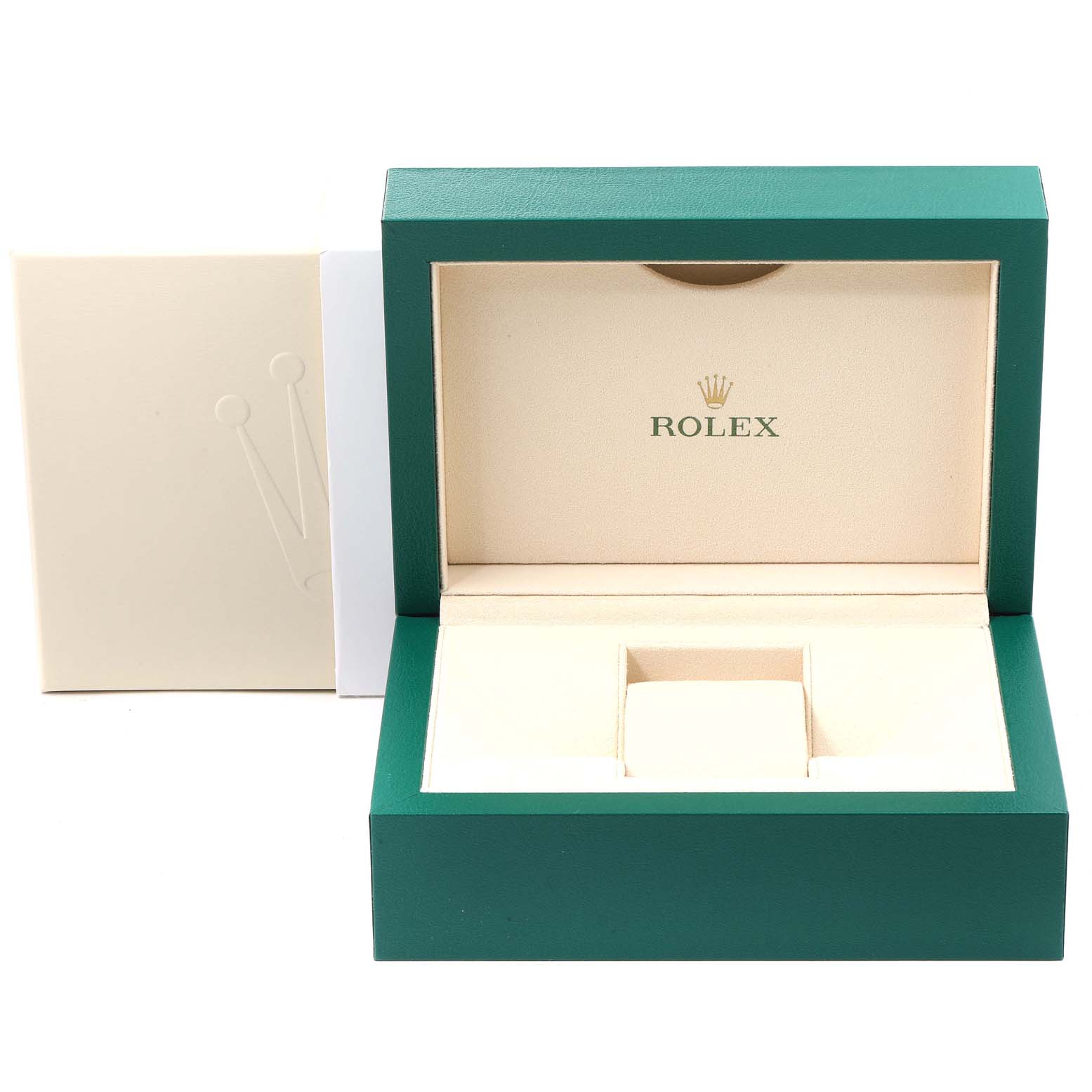 The image shows an open Rolex Oyster Perpetual 116000 Men
s Stainless Steel Grey Dial 116000 Men
s Stainless Steel Grey Dial watch box with the brand
s logo inside the lid.