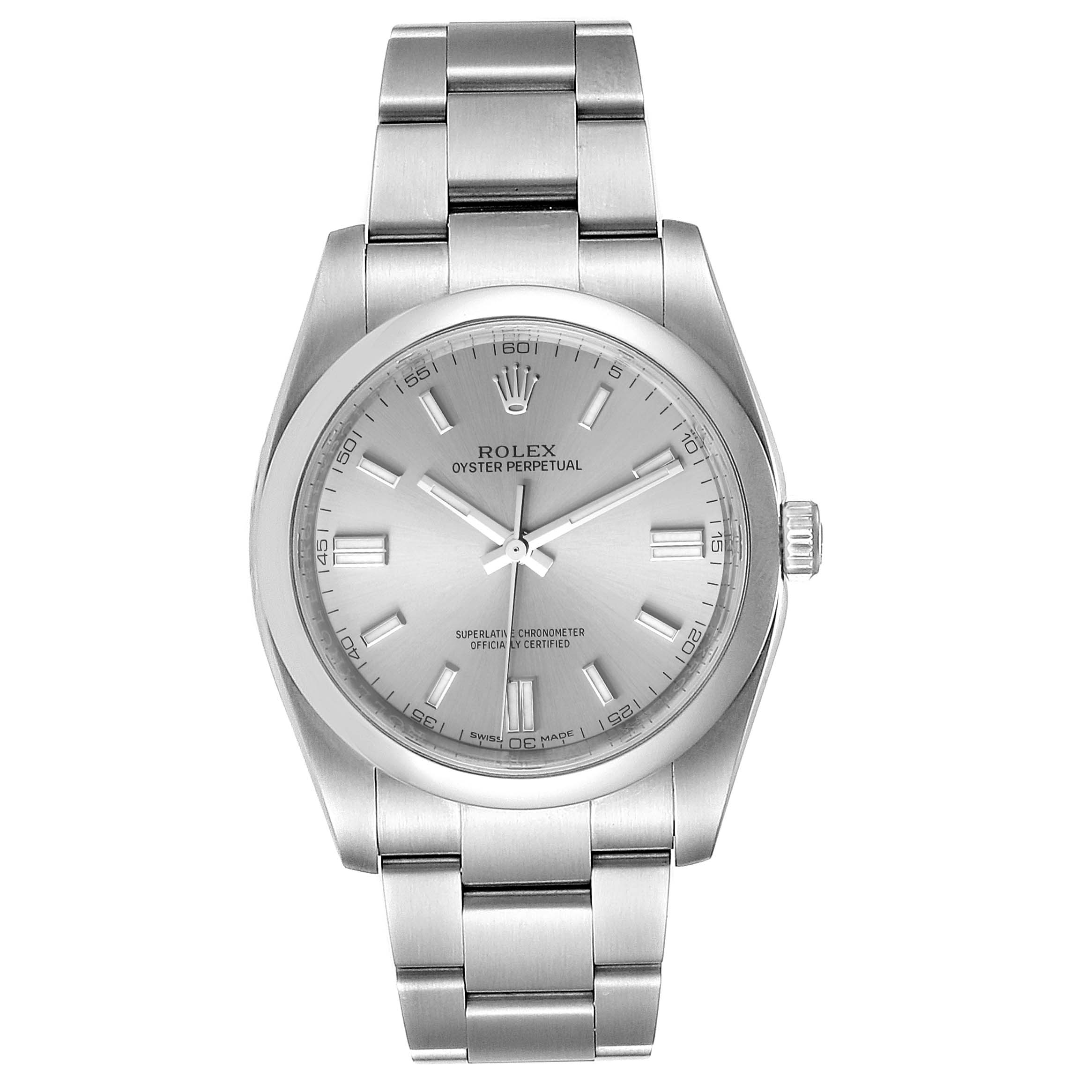 This image shows a Rolex Oyster Perpetual 116000 Men
s Stainless Steel Grey Dial 116000 Men
s Stainless Steel Grey Dial watch from a front angle, displaying the dial, bezel, case, and bracelet in full view.