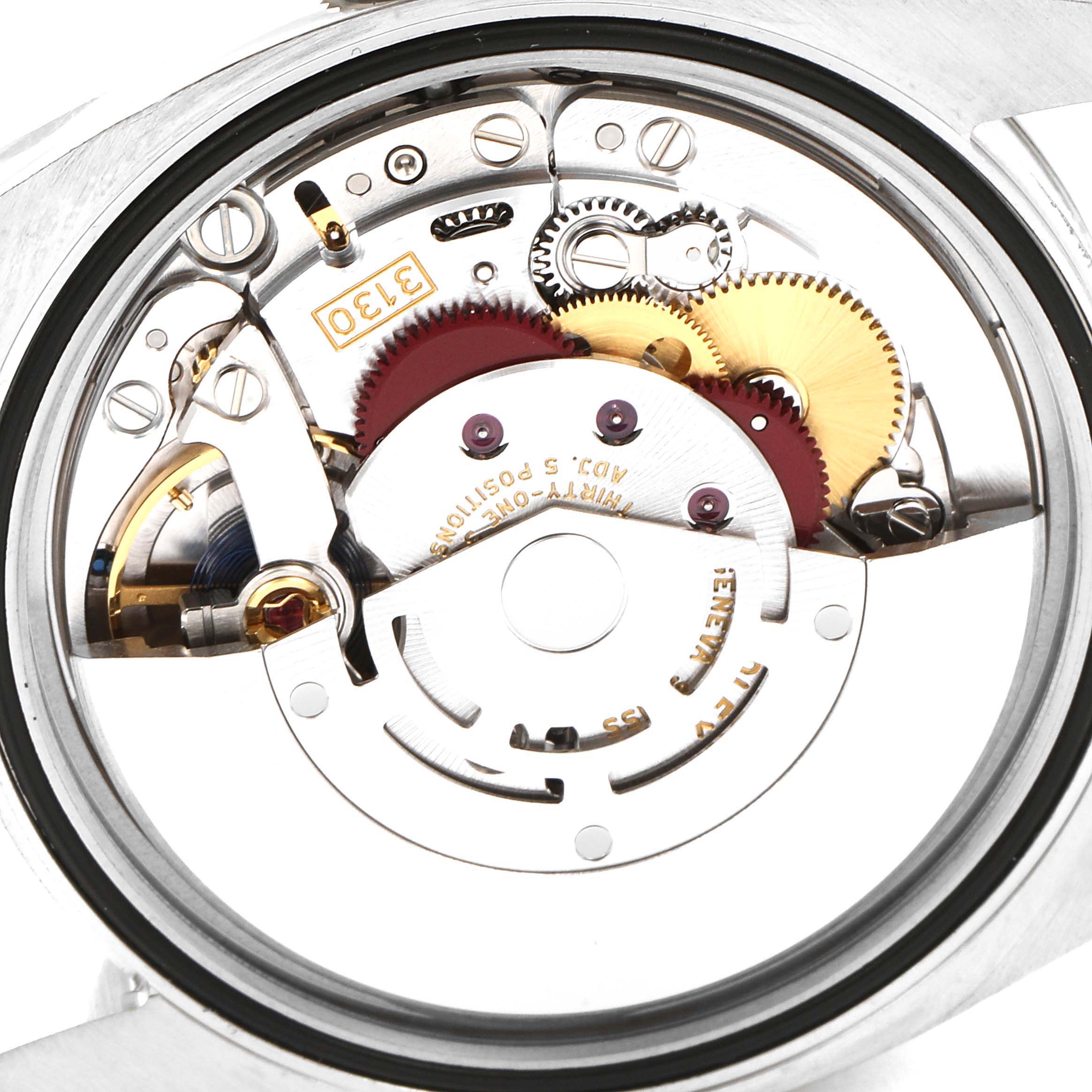 The image shows the inner mechanical workings of a Rolex Oyster Perpetual 116000 Men
s Stainless Steel Grey Dial 116000 Men
s Stainless Steel Grey Dial watch, including gears and other movement components.