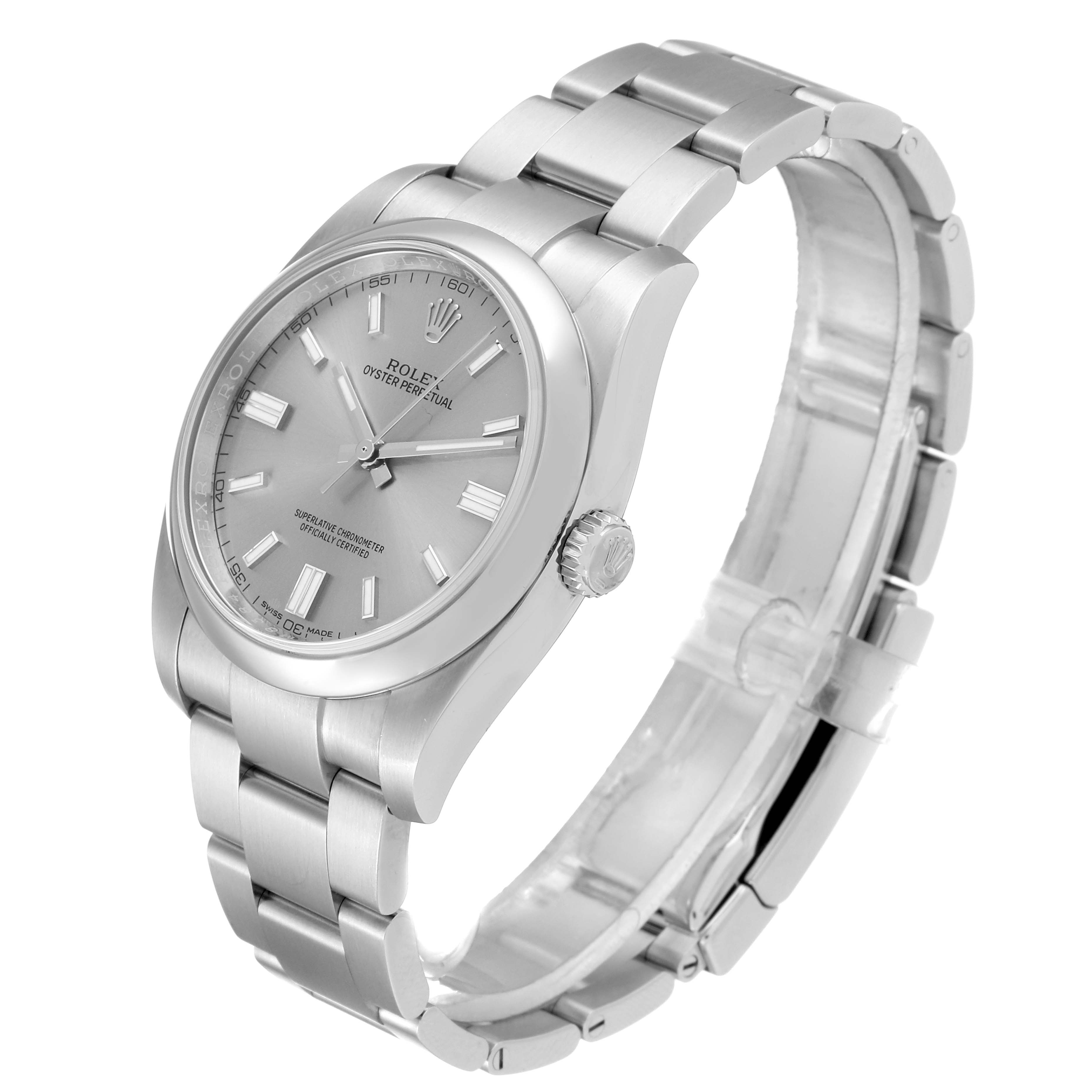 This Rolex Oyster Perpetual 116000 Men
s Stainless Steel Grey Dial 116000 Men
s Stainless Steel Grey Dial watch is shown at a side angle, displaying its dial, crown, and bracelet.