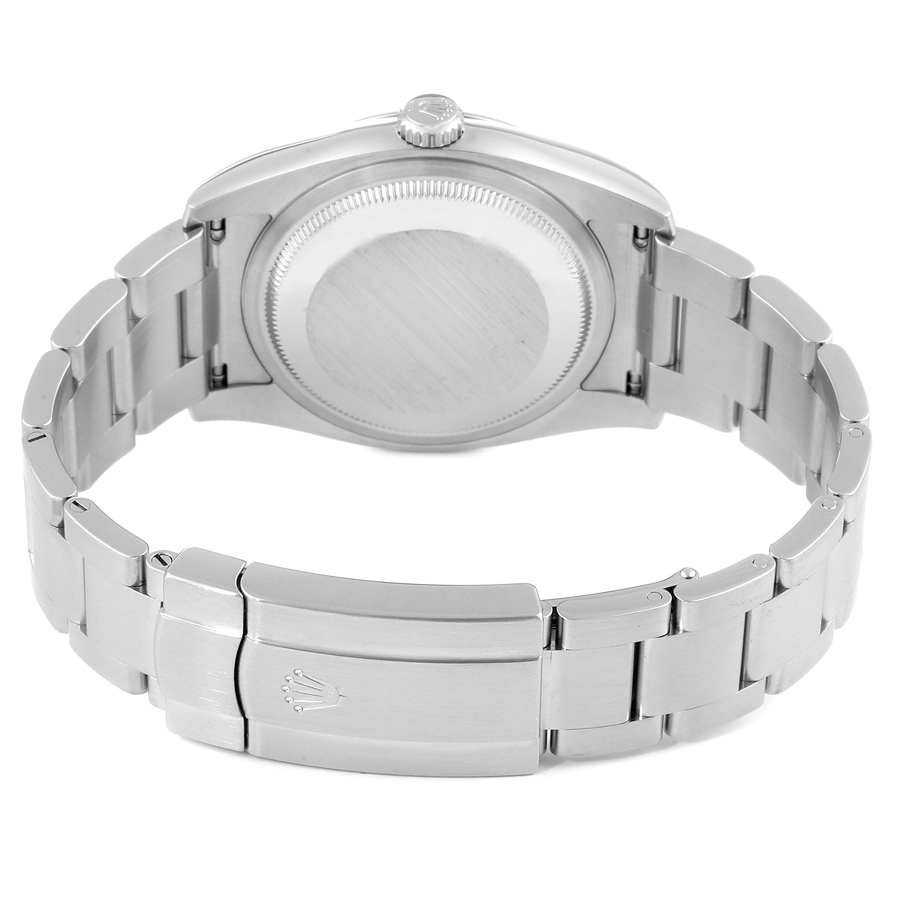 The image shows the back and bracelet of a Rolex Oyster Perpetual 116000 Men
s Stainless Steel Grey Dial 116000 Men
s Stainless Steel Grey Dial watch.