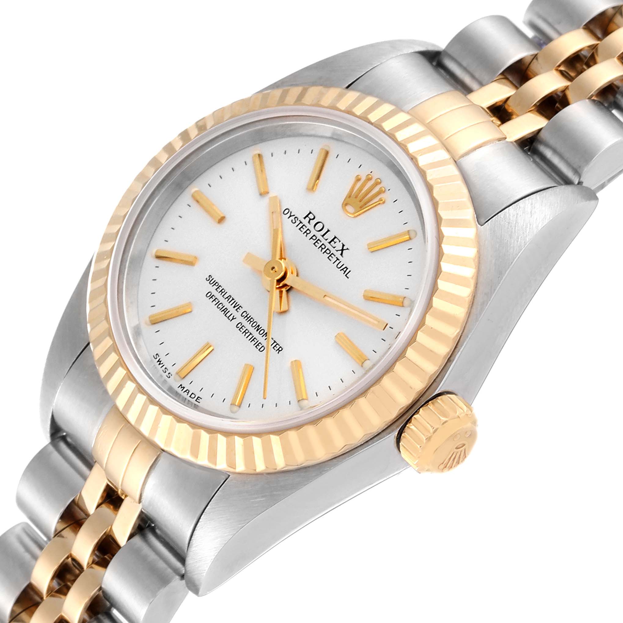 The Rolex Datejust 76193 Women's Steel and Gold (two tone) Silver Dial 76193 Women's Steel and Gold (two tone) Silver Dial watch is pictured at a diagonal angle, highlighting its face, bezel, crown, and part of the bracelet.