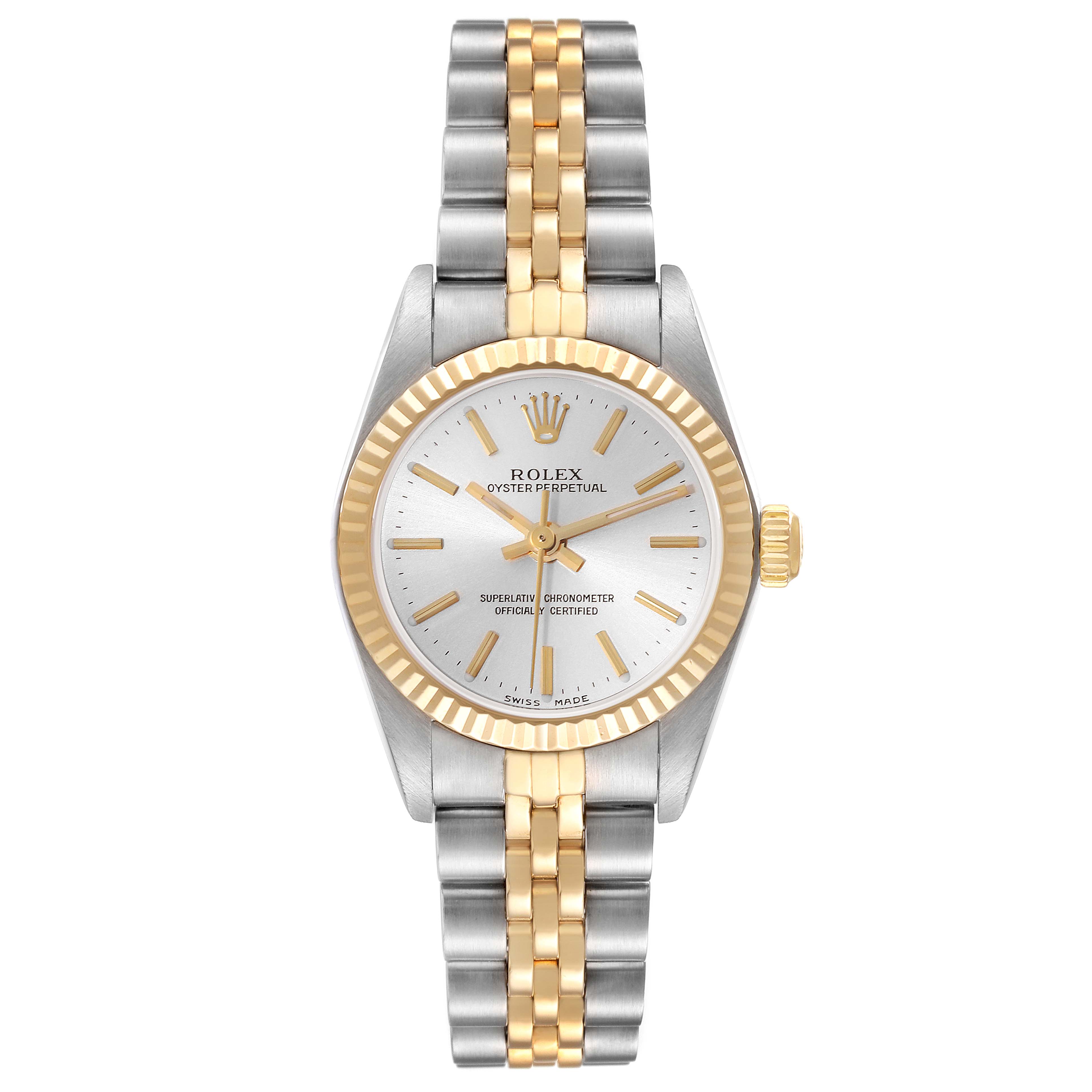 This is a frontal view of a Rolex Datejust 76193 Women's Steel and Gold (two tone) Silver Dial 76193 Women's Steel and Gold (two tone) Silver Dial watch showing its dial, bezel, crown, and bracelet.
