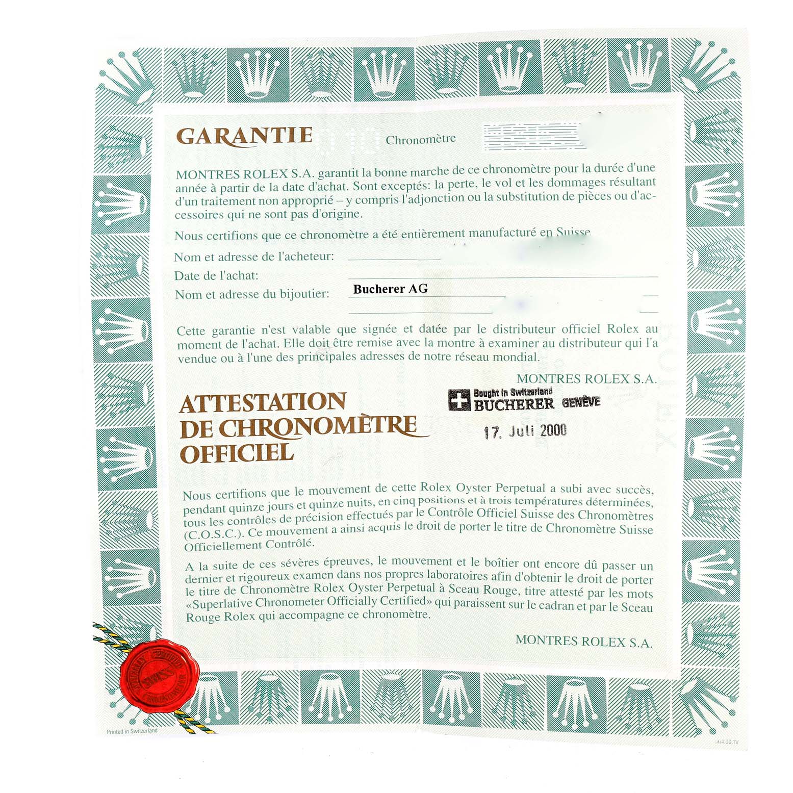 The image shows the official chronometer certificate and warranty documents for a Rolex Datejust 76193 Women's Steel and Gold (two tone) Silver Dial 76193 Women's Steel and Gold (two tone) Silver Dial watch.