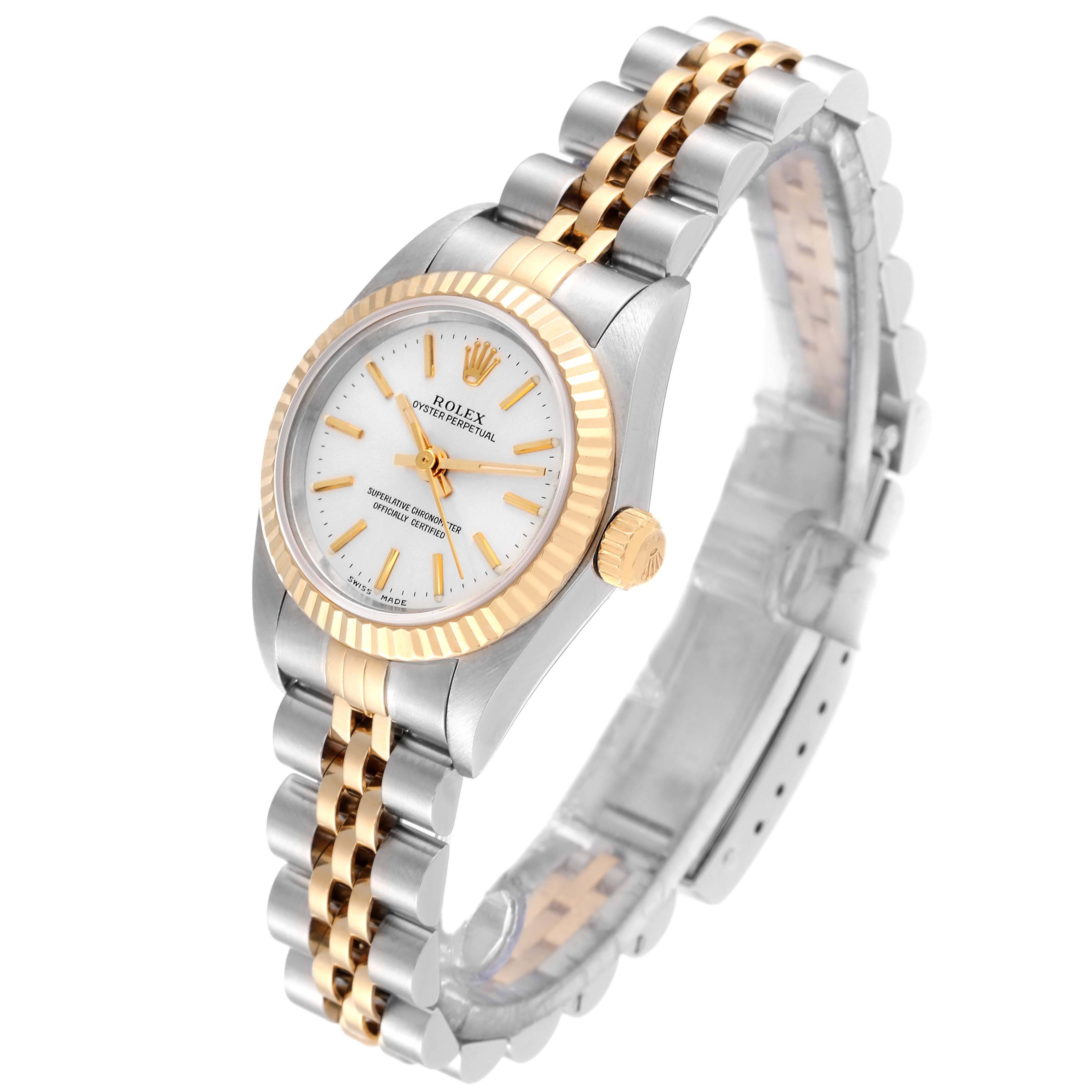 The Rolex Datejust 76193 Women's Steel and Gold (two tone) Silver Dial 76193 Women's Steel and Gold (two tone) Silver Dial watch is shown from an angled view, displaying its face, bezel, crown, and two-tone bracelet.