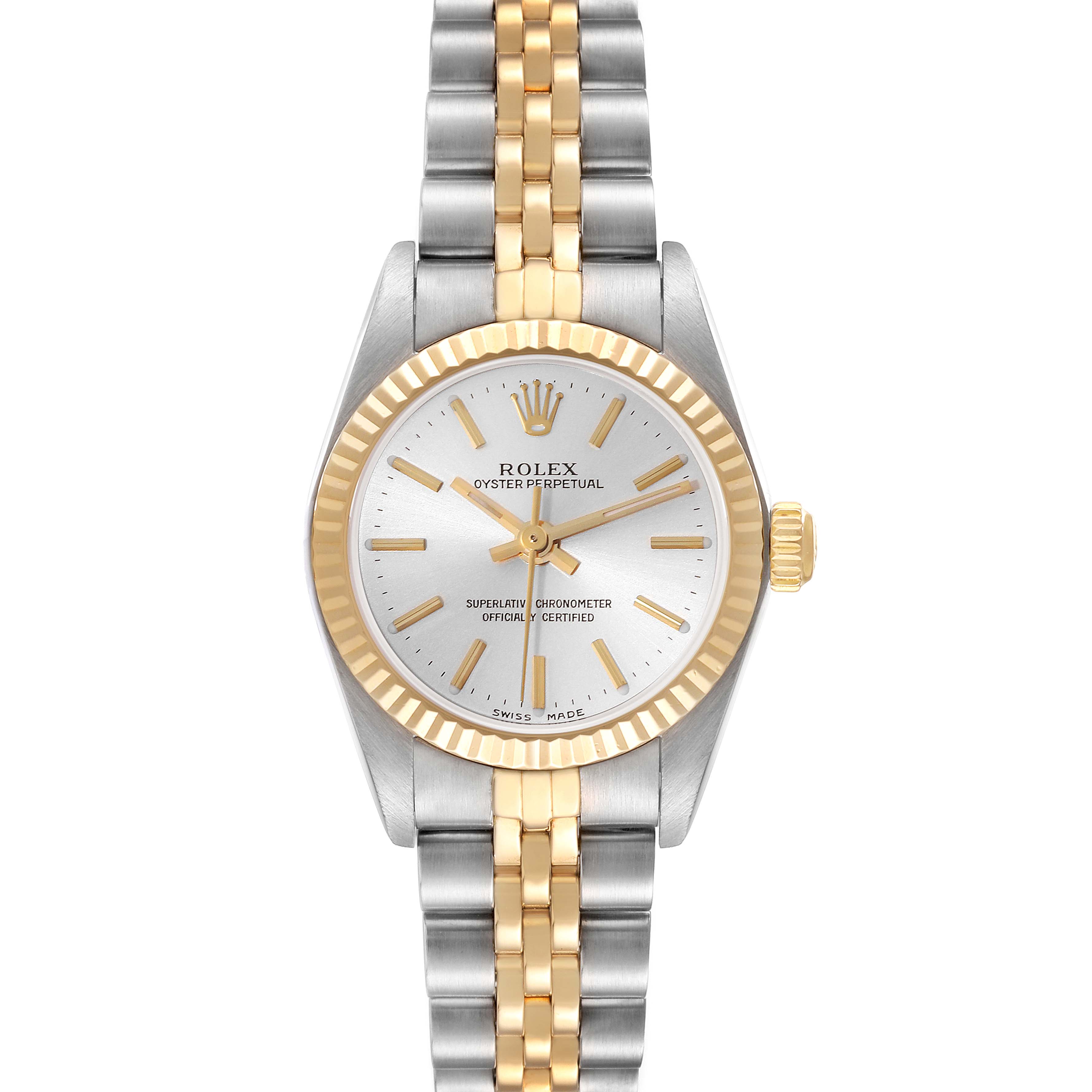 This Rolex Datejust 76193 Women's Steel and Gold (two tone) Silver Dial 76193 Women's Steel and Gold (two tone) Silver Dial watch is shown from a straight-on angle, displaying the dial, bezel, and bracelet clearly.