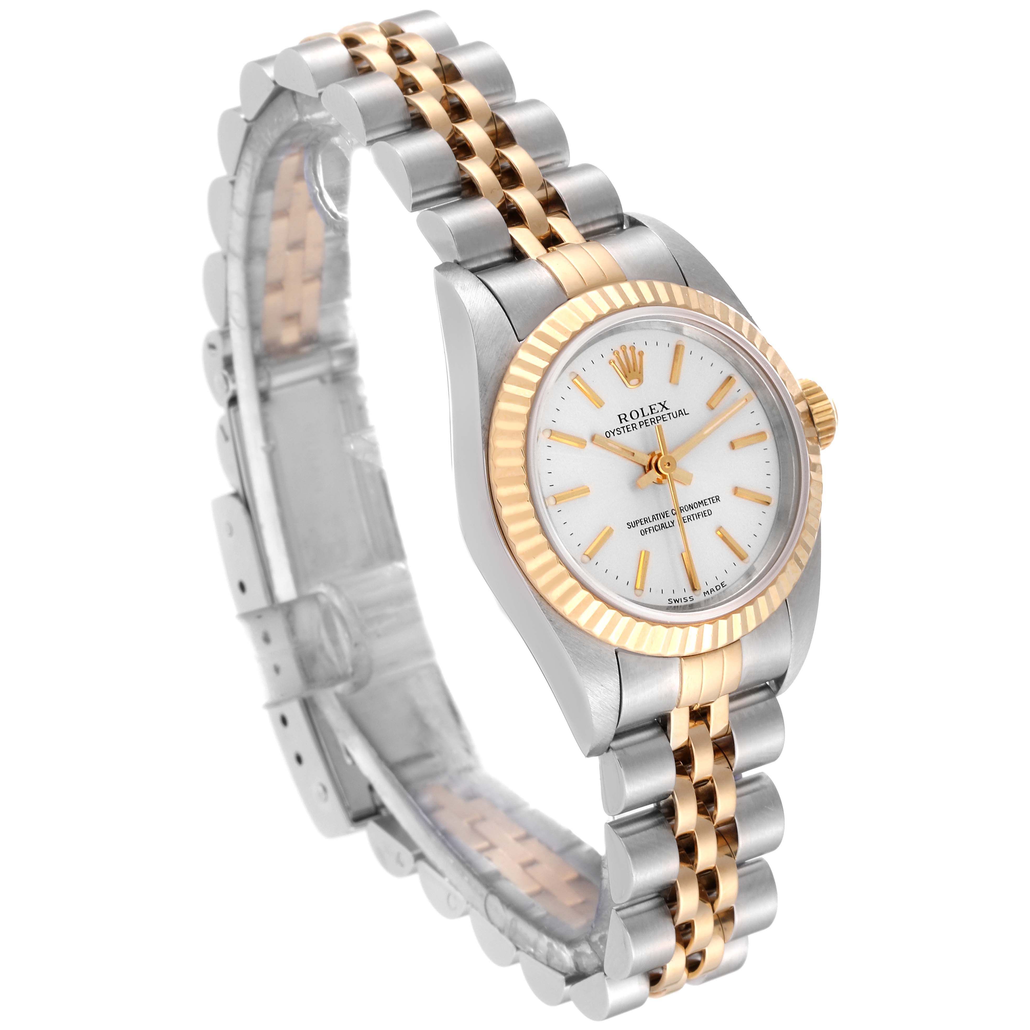 The Rolex Datejust 76193 Women's Steel and Gold (two tone) Silver Dial 76193 Women's Steel and Gold (two tone) Silver Dial watch is shown at an angle highlighting its two-tone bracelet, fluted bezel, and white dial with gold markers.