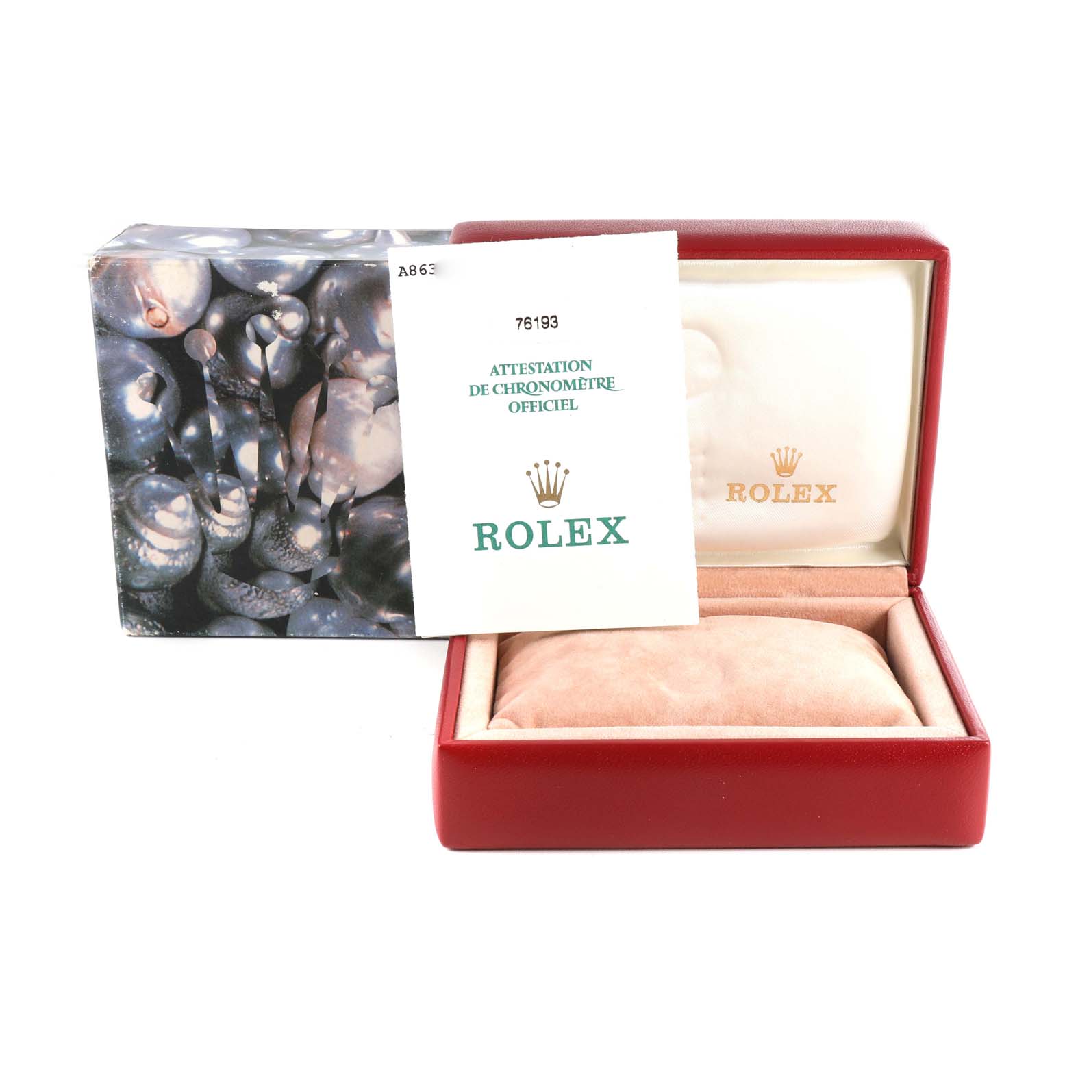 The image shows a Rolex Datejust 76193 Women's Steel and Gold (two tone) Silver Dial 76193 Women's Steel and Gold (two tone) Silver Dial watch package with a box, pillow, and official certification document.