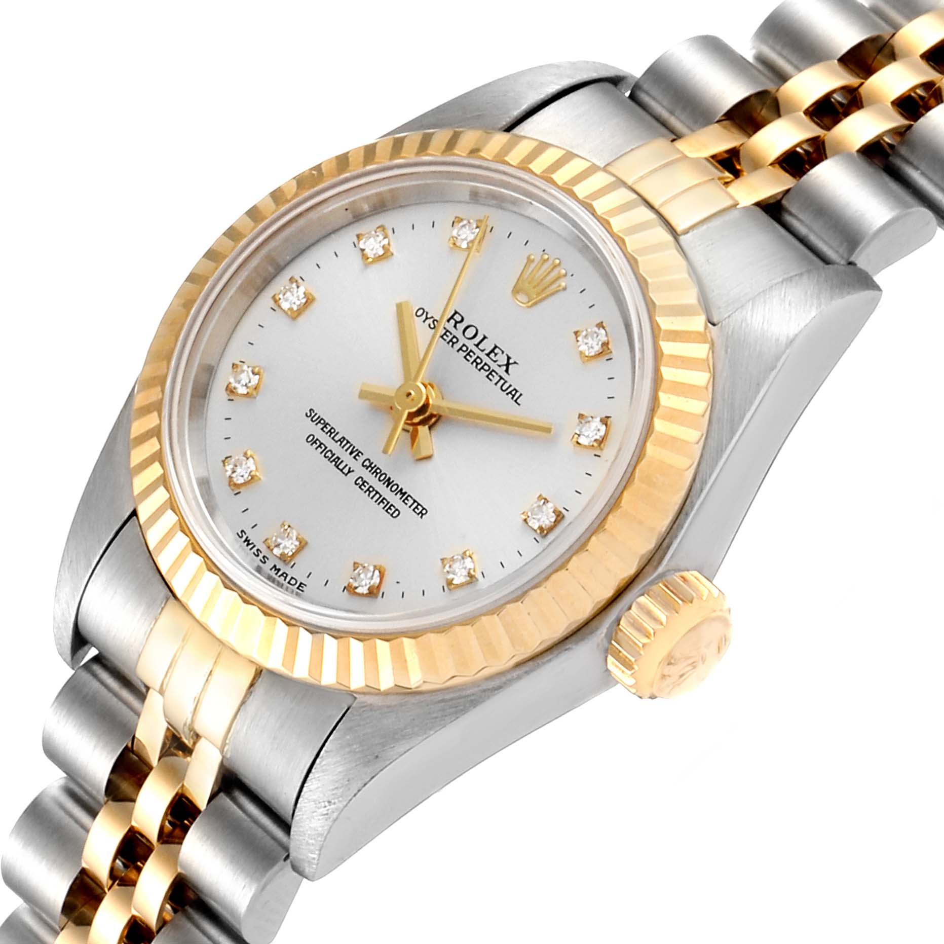The image shows a close-up angle of the Rolex Oyster Perpetual 67193 Women's Steel and Gold (two tone) Silver Dial 67193 Women's Steel and Gold (two tone) Silver Dial watch, highlighting the dial, bezel, crown, and part of the bracelet.