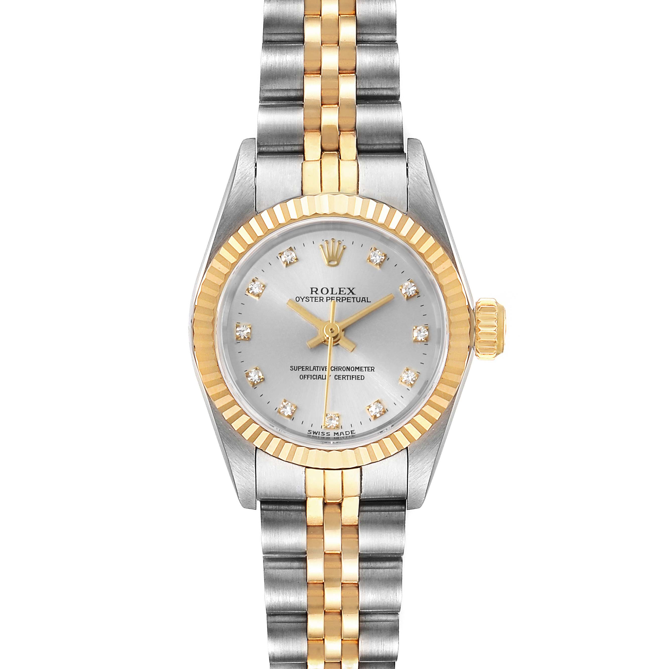 The image shows a front view of a Rolex Oyster Perpetual 67193 Women's Steel and Gold (two tone) Silver Dial 67193 Women's Steel and Gold (two tone) Silver Dial watch, displaying the dial, bezel, and bracelet.