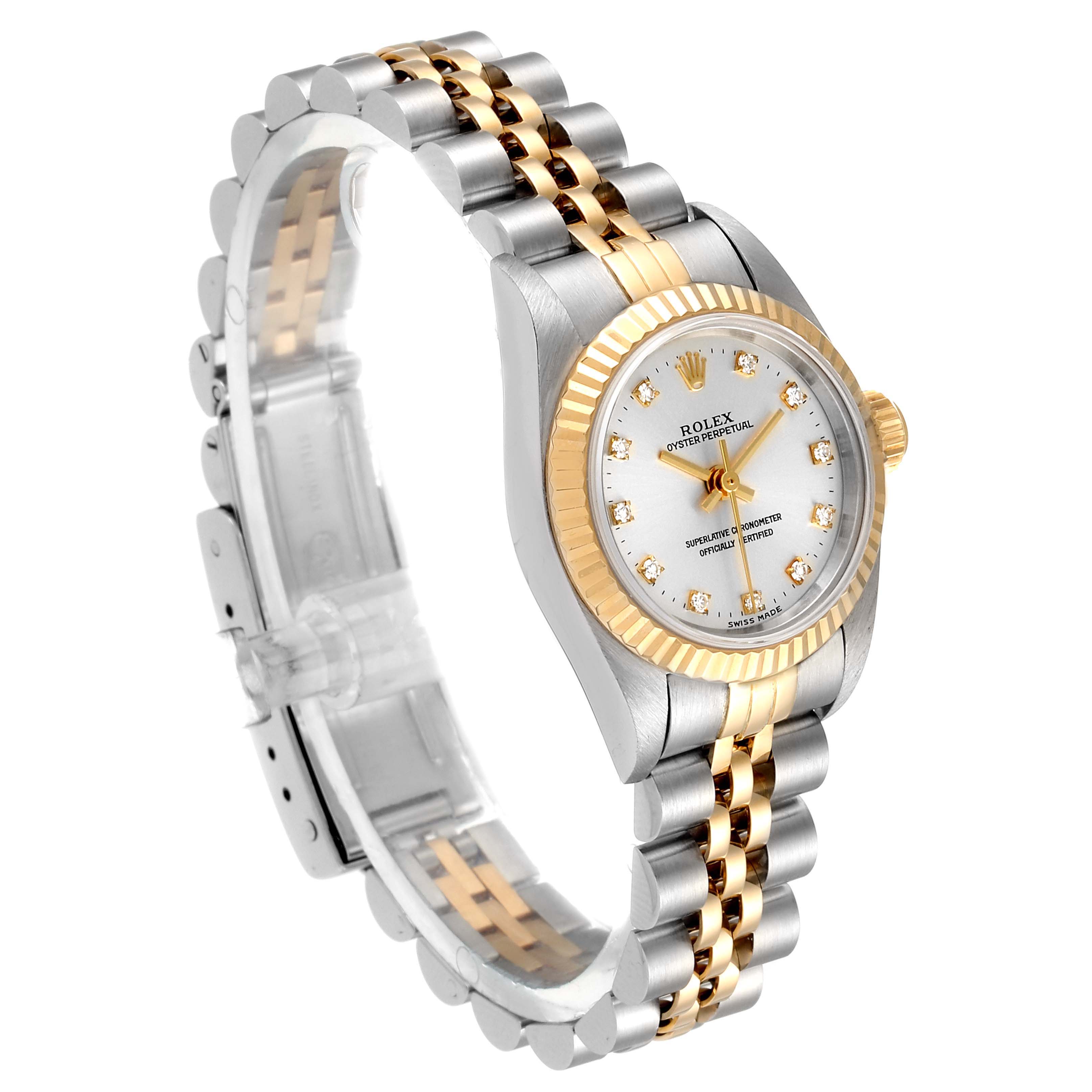 The image shows a Rolex Oyster Perpetual 67193 Women's Steel and Gold (two tone) Silver Dial 67193 Women's Steel and Gold (two tone) Silver Dial watch at a three-quarter angle, highlighting the face, crown, and two-tone bracelet.