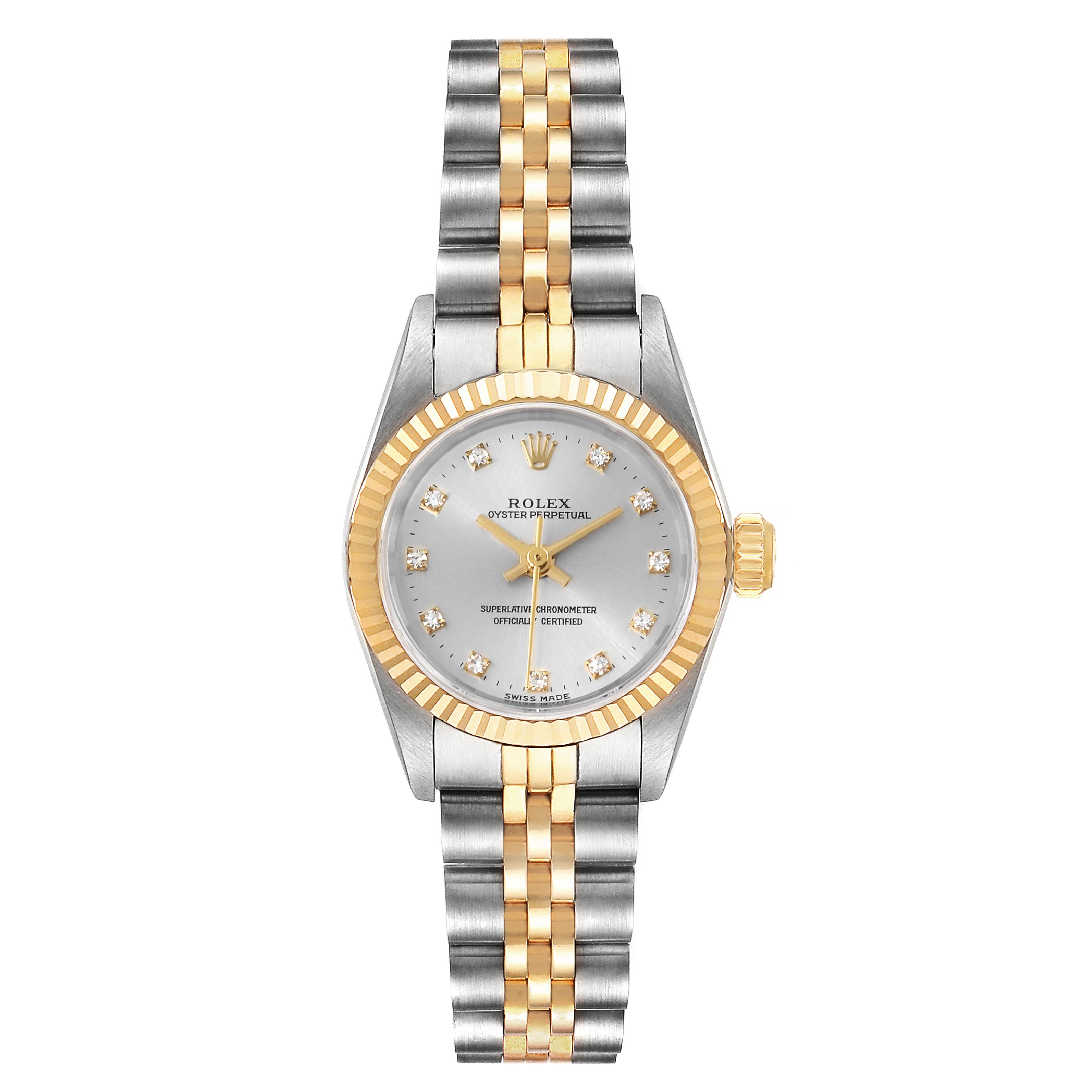 This image shows a front view of a Rolex Oyster Perpetual 67193 Women's Steel and Gold (two tone) Silver Dial 67193 Women's Steel and Gold (two tone) Silver Dial watch with a stainless steel and gold bracelet.