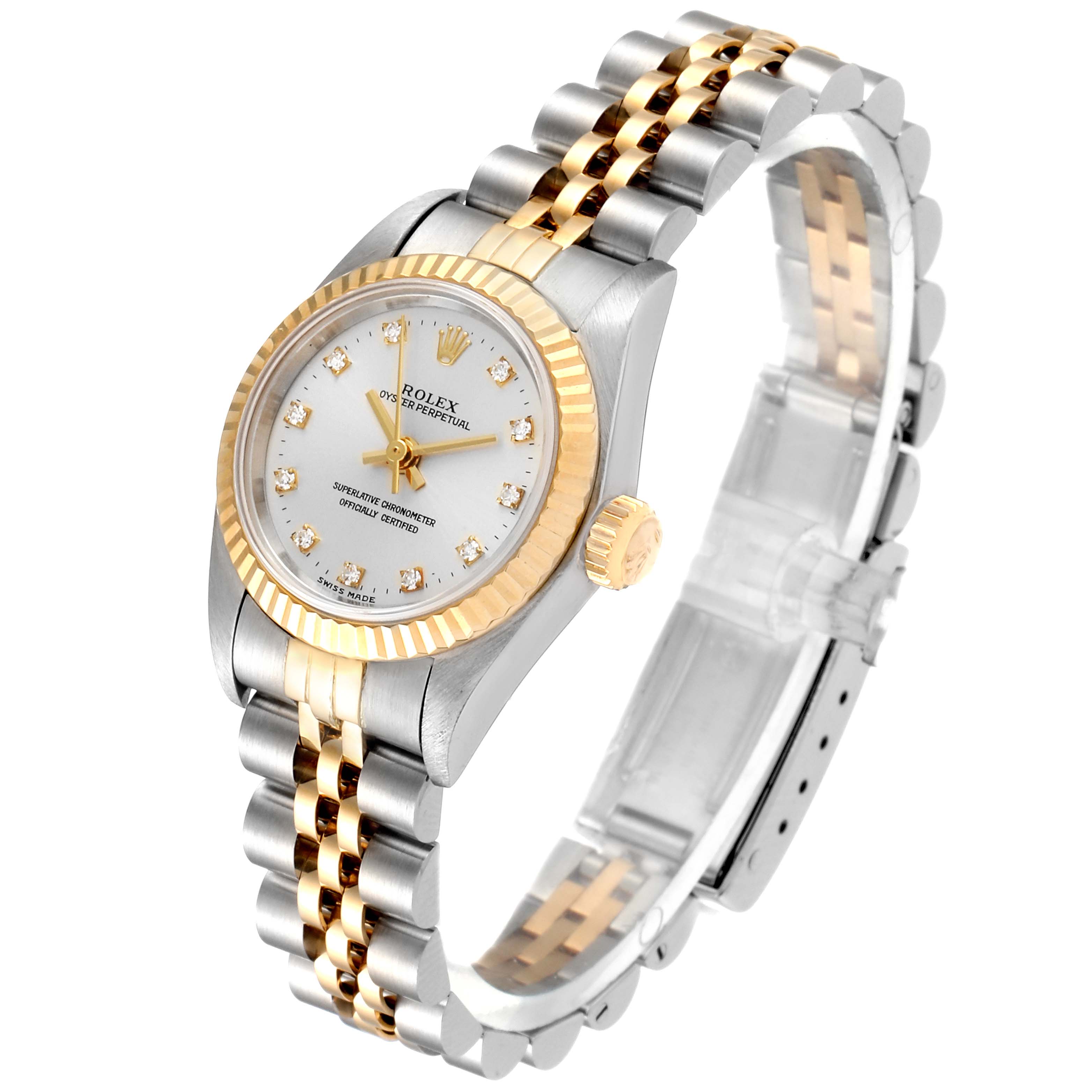The image shows a Rolex Oyster Perpetual 67193 Women's Steel and Gold (two tone) Silver Dial 67193 Women's Steel and Gold (two tone) Silver Dial watch at a slightly angled side view, displaying its two-tone bracelet and face.