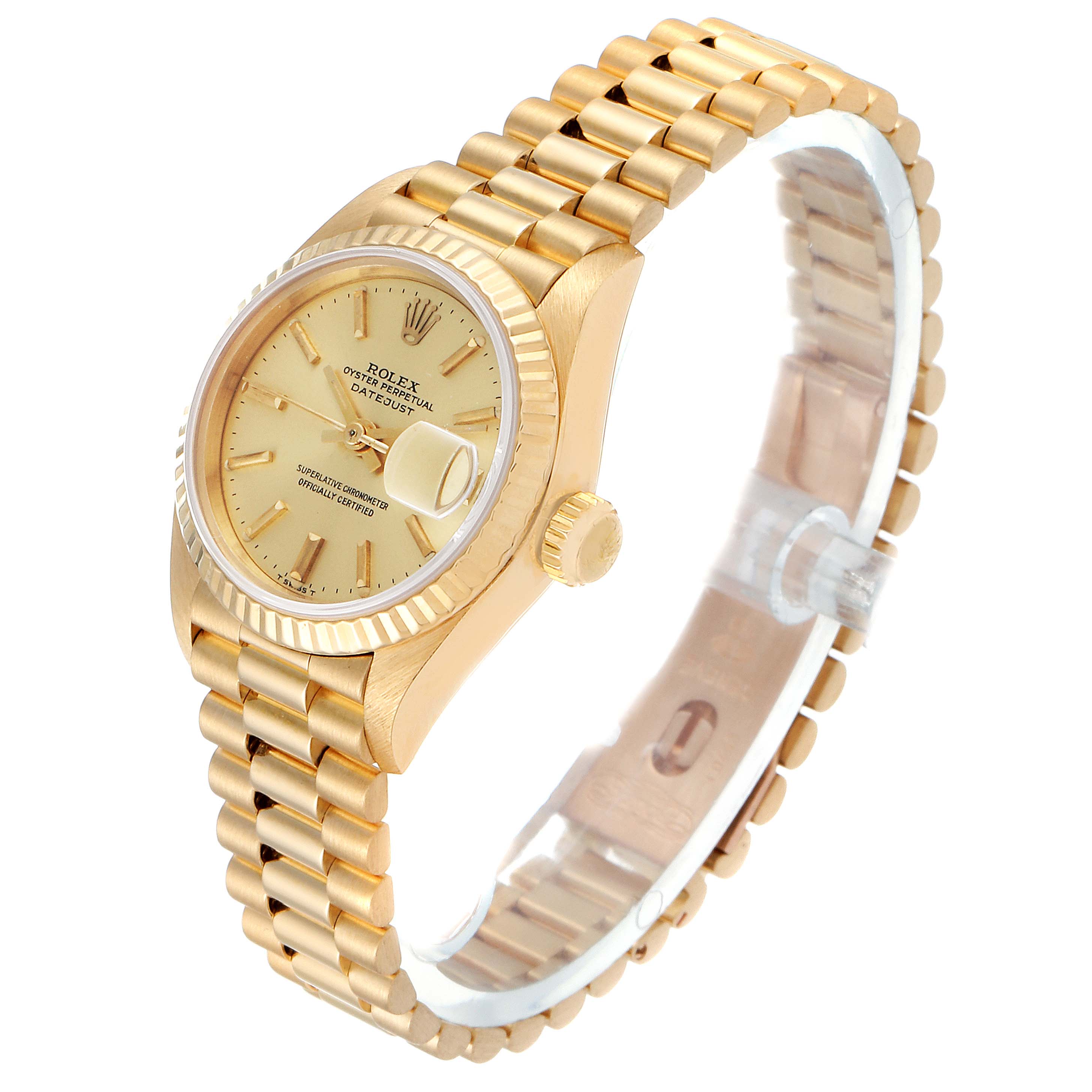 This image shows a Rolex President 69178 Women's Yellow Gold Champagne Dial 69178 Women's Yellow Gold Champagne Dial model watch from a three-quarter angle, featuring the dial, bezel, crown, and bracelet.