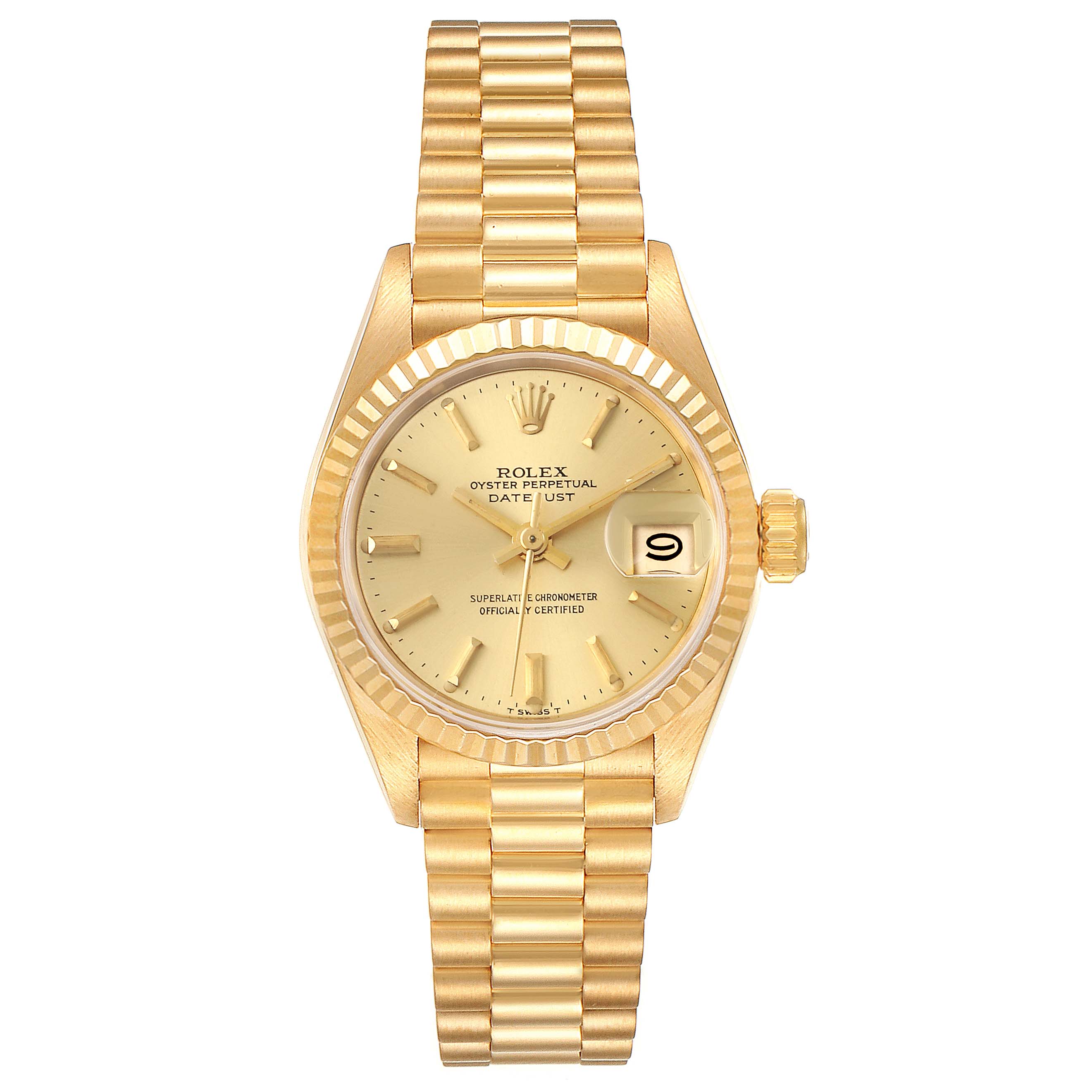 The image shows a Rolex President 69178 Women's Yellow Gold Champagne Dial 69178 Women's Yellow Gold Champagne Dial model watch with a gold bracelet, fluted bezel, and champagne dial, viewed from the front.