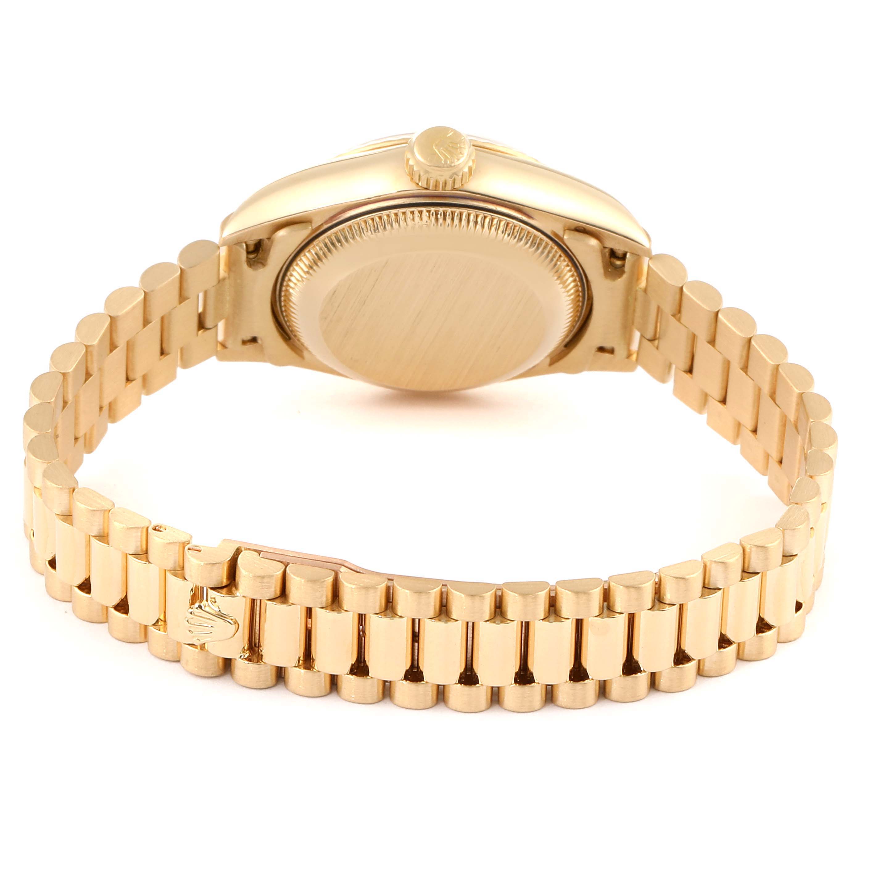 The image shows the back and bracelet of a Rolex President 69178 Women's Yellow Gold Champagne Dial 69178 Women's Yellow Gold Champagne Dial model watch, highlighting the clasp and case back.