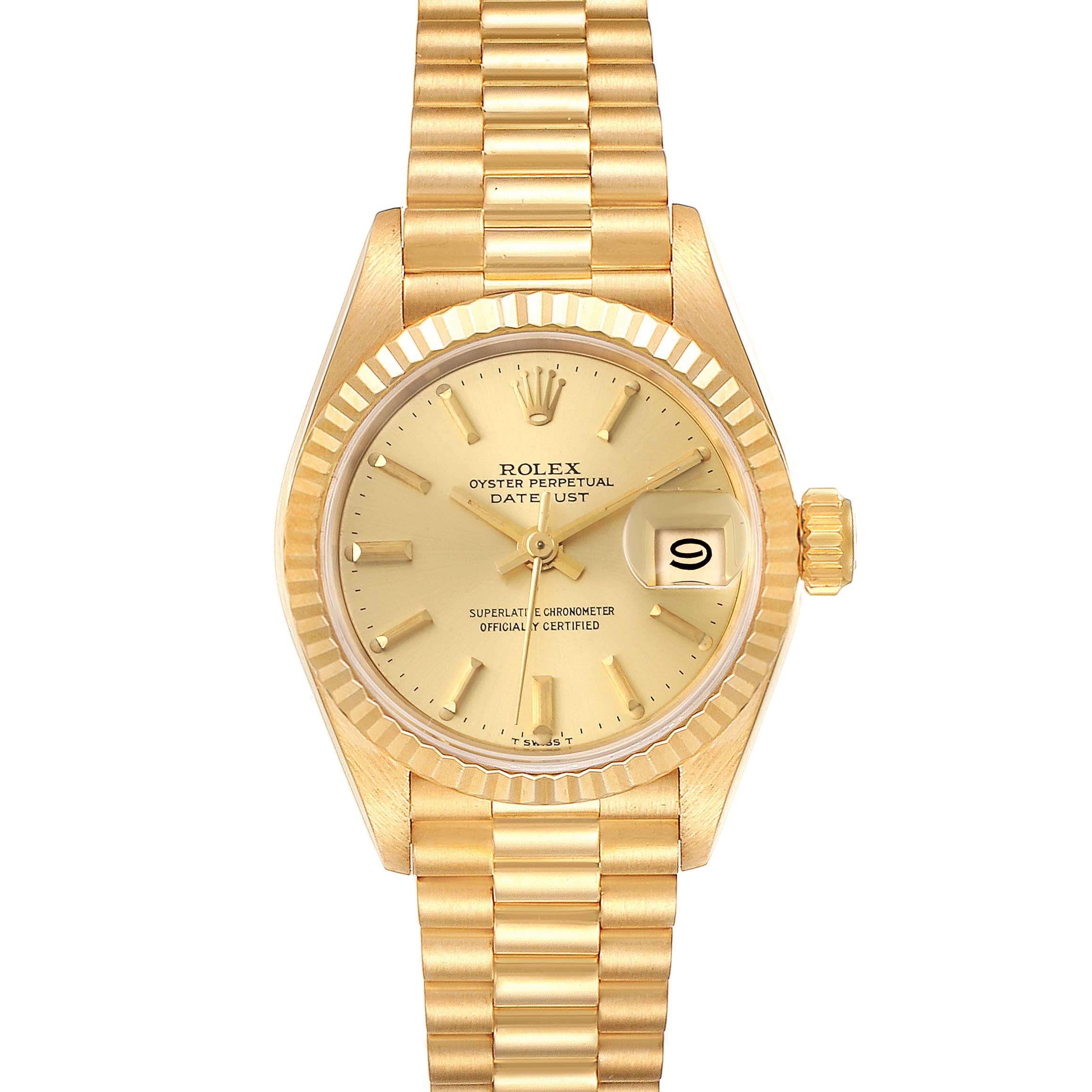 The image shows a front view of a Rolex President 69178 Women's Yellow Gold Champagne Dial 69178 Women's Yellow Gold Champagne Dial model watch, displaying its face, band, and crown.