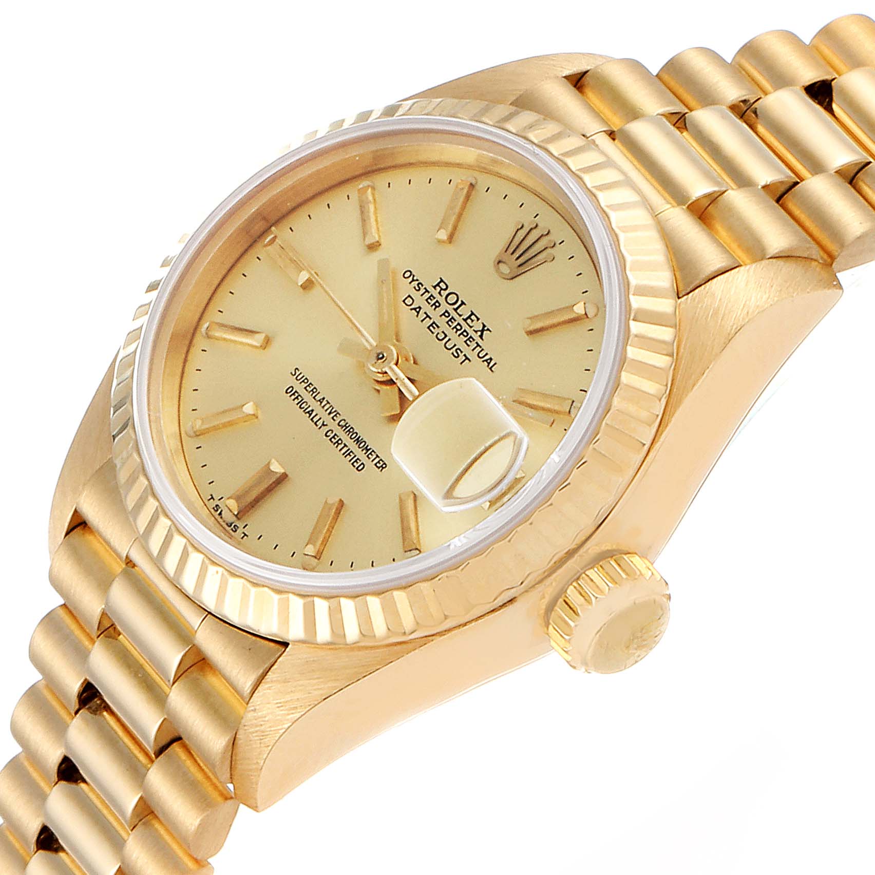 The image shows a close-up angled view of the Rolex President 69178 Women's Yellow Gold Champagne Dial 69178 Women's Yellow Gold Champagne Dial model watch, highlighting its face, bezel, crown, and part of the band.