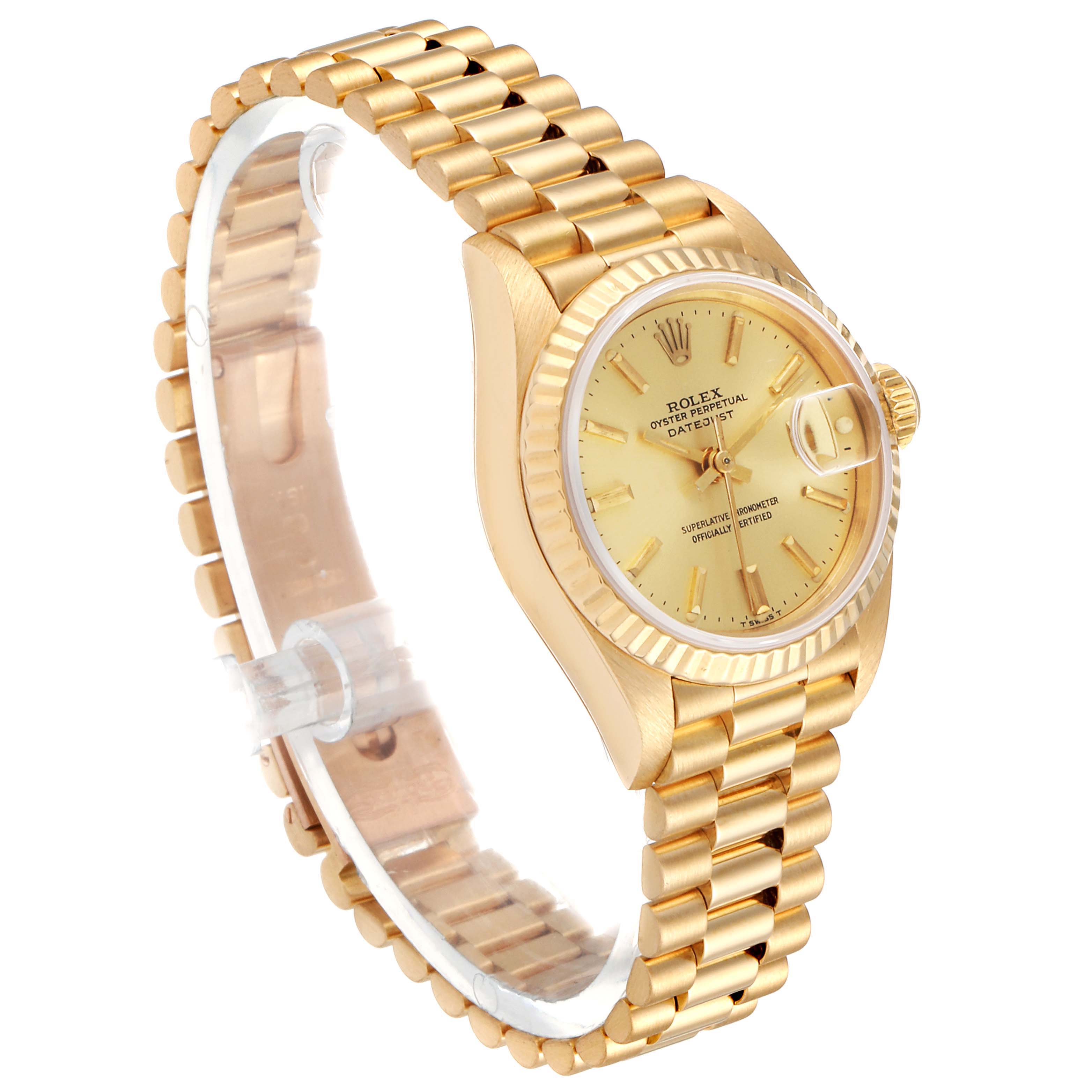 The image shows a side and front view of the Rolex President 69178 Women's Yellow Gold Champagne Dial 69178 Women's Yellow Gold Champagne Dial model watch with its gold bracelet, fluted bezel, and champagne dial.
