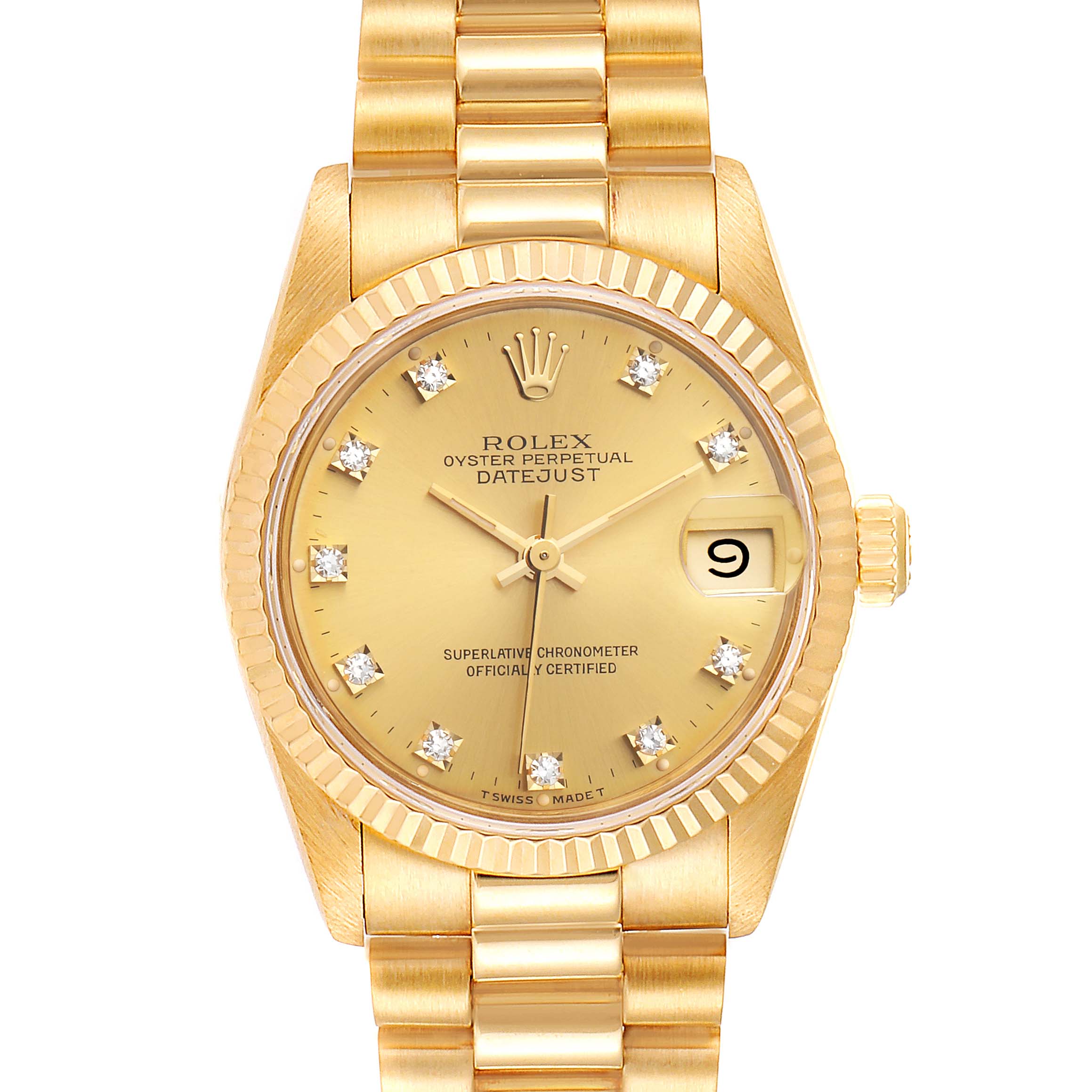 The image shows a Rolex President 68278 Women's Yellow Gold Champagne Dial 68278 Women's Yellow Gold Champagne Dial model watch from a top-down angle, highlighting the dial, bezel, and bracelet.