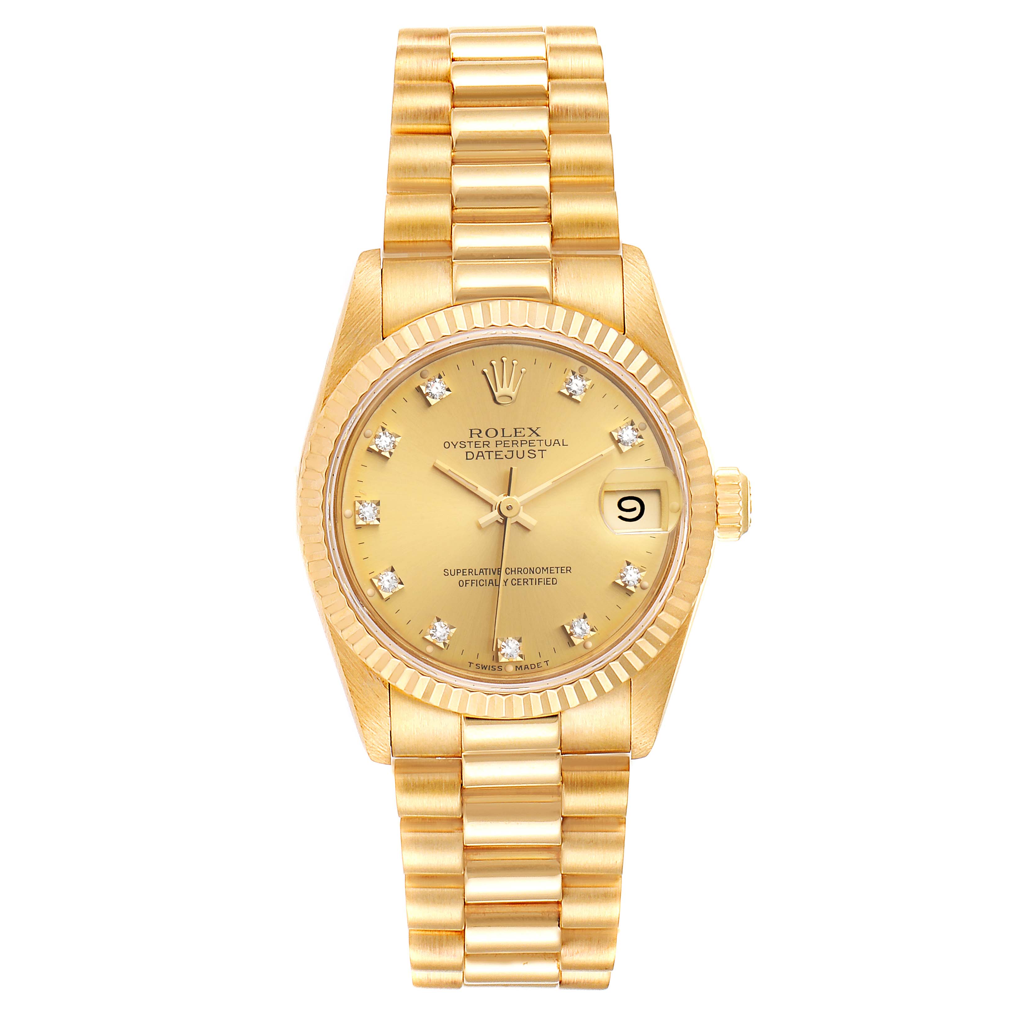 This is a frontal view of the Rolex President 68278 Women's Yellow Gold Champagne Dial 68278 Women's Yellow Gold Champagne Dial model, featuring the watch face, bracelet, bezel, and crown.