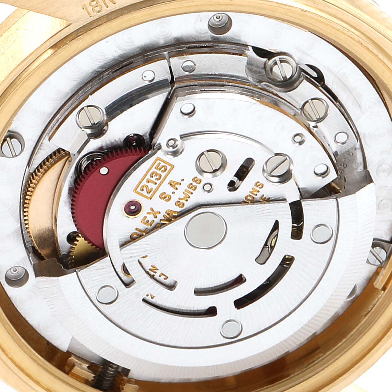 This image shows an up-close, internal view of the Rolex President 68278 Women's Yellow Gold Champagne Dial 68278 Women's Yellow Gold Champagne Dial model's movement mechanism.