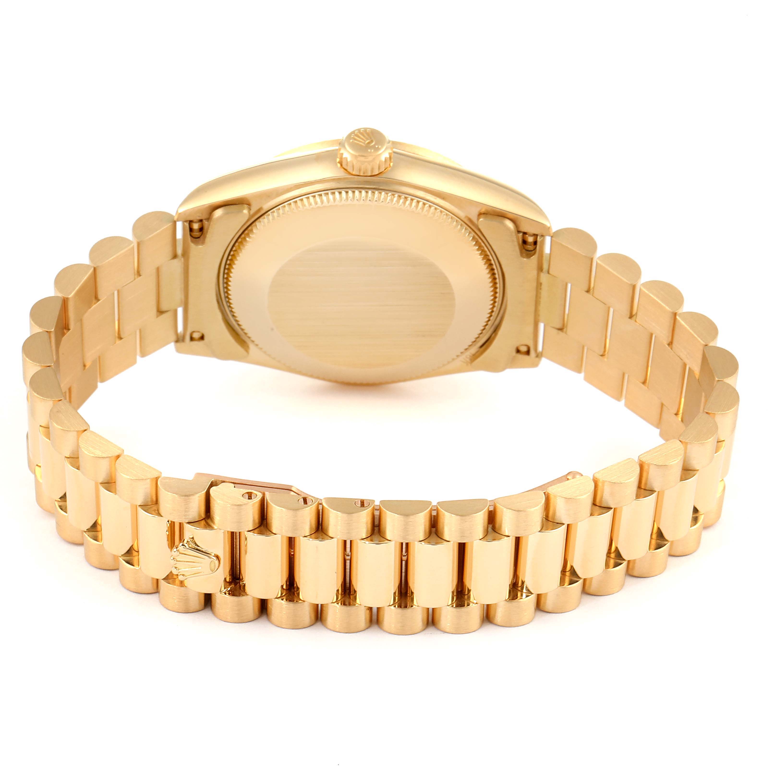 The image shows the back view of a Rolex President 68278 Women's Yellow Gold Champagne Dial 68278 Women's Yellow Gold Champagne Dial model watch, highlighting the case back and the bracelet.