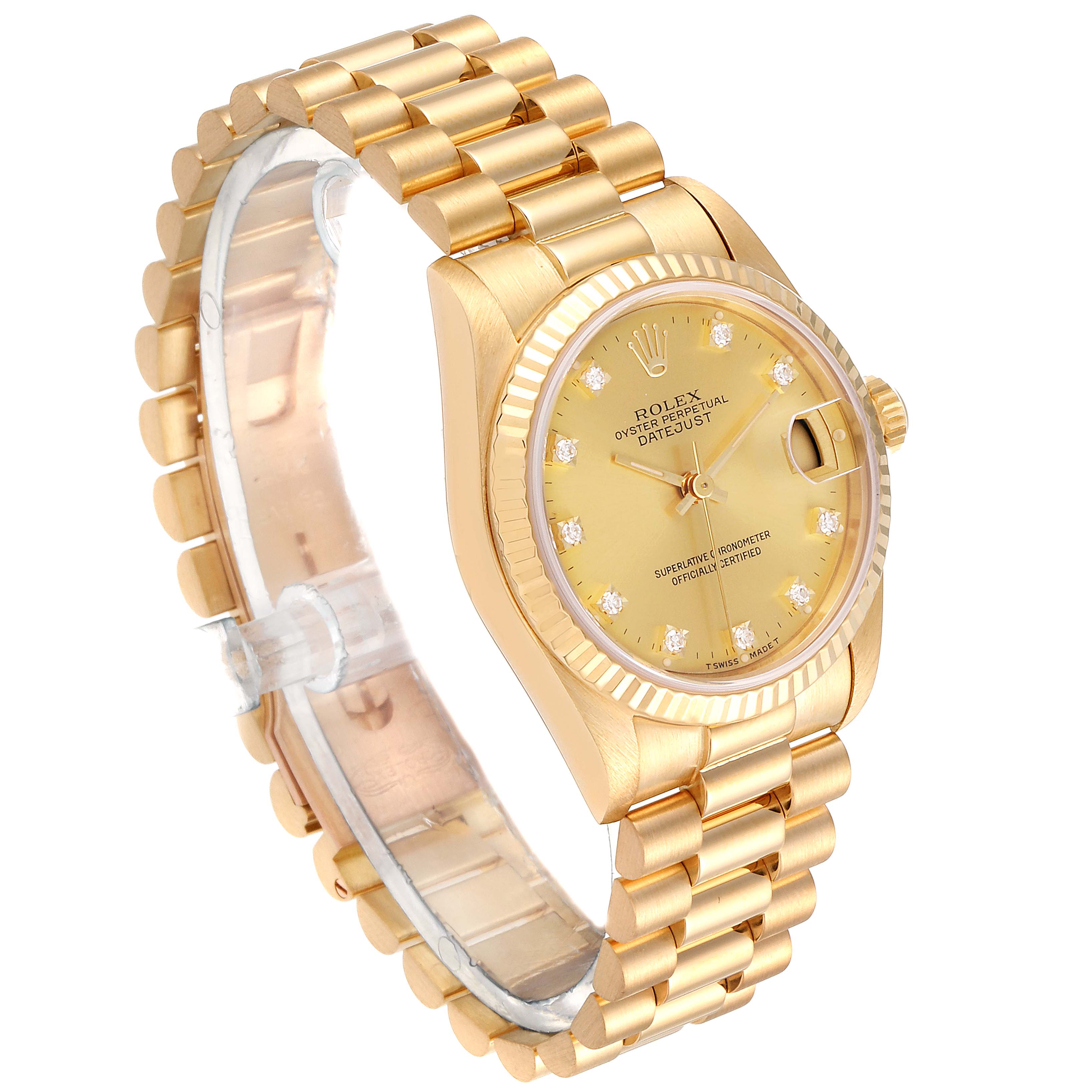 The Rolex President 68278 Women's Yellow Gold Champagne Dial 68278 Women's Yellow Gold Champagne Dial model watch is shown at a three-quarter angle, highlighting its face, band, and clasp.