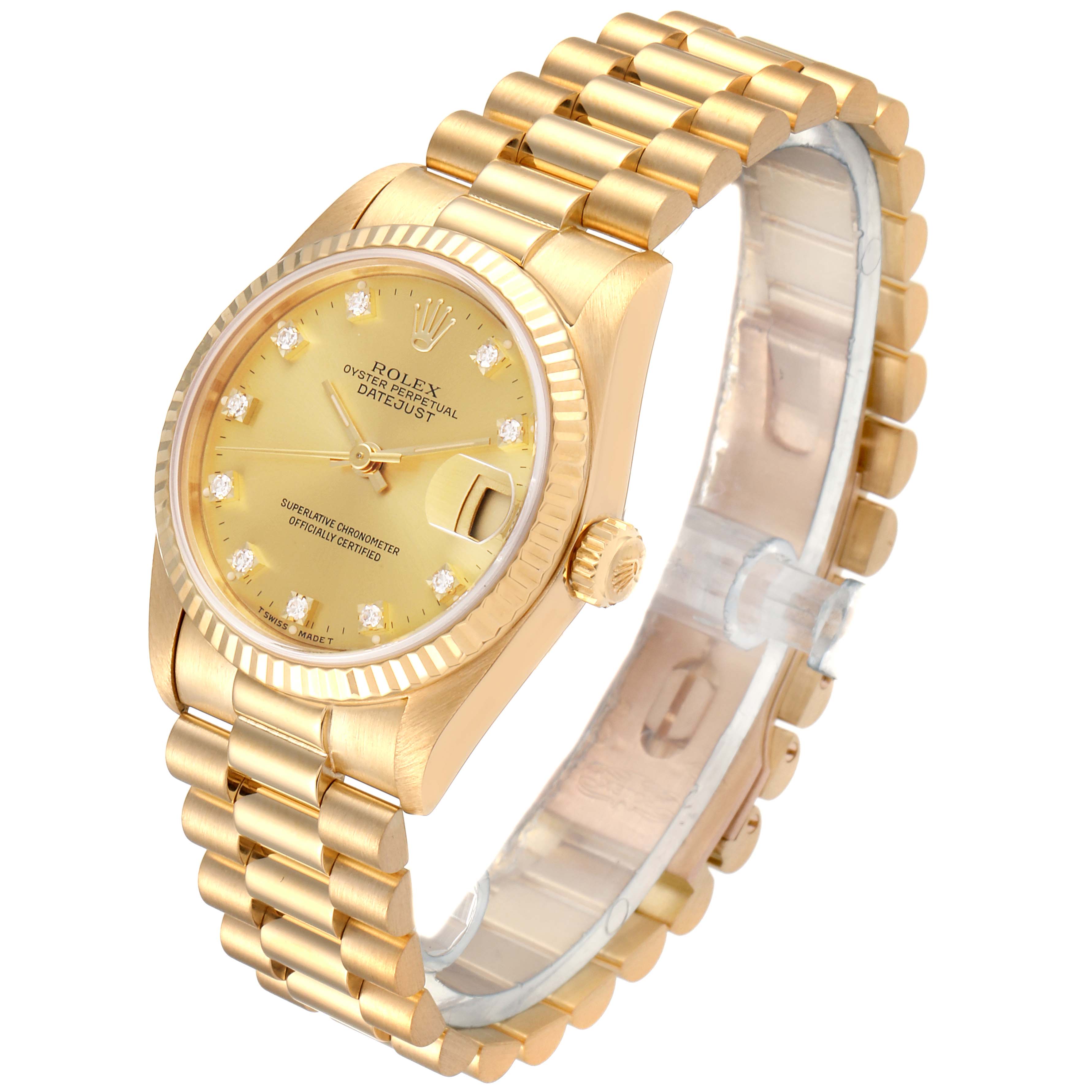 The Rolex President 68278 Women's Yellow Gold Champagne Dial 68278 Women's Yellow Gold Champagne Dial model watch is shown at a three-quarter angle, displaying its bracelet, dial, crown, and fluted bezel.