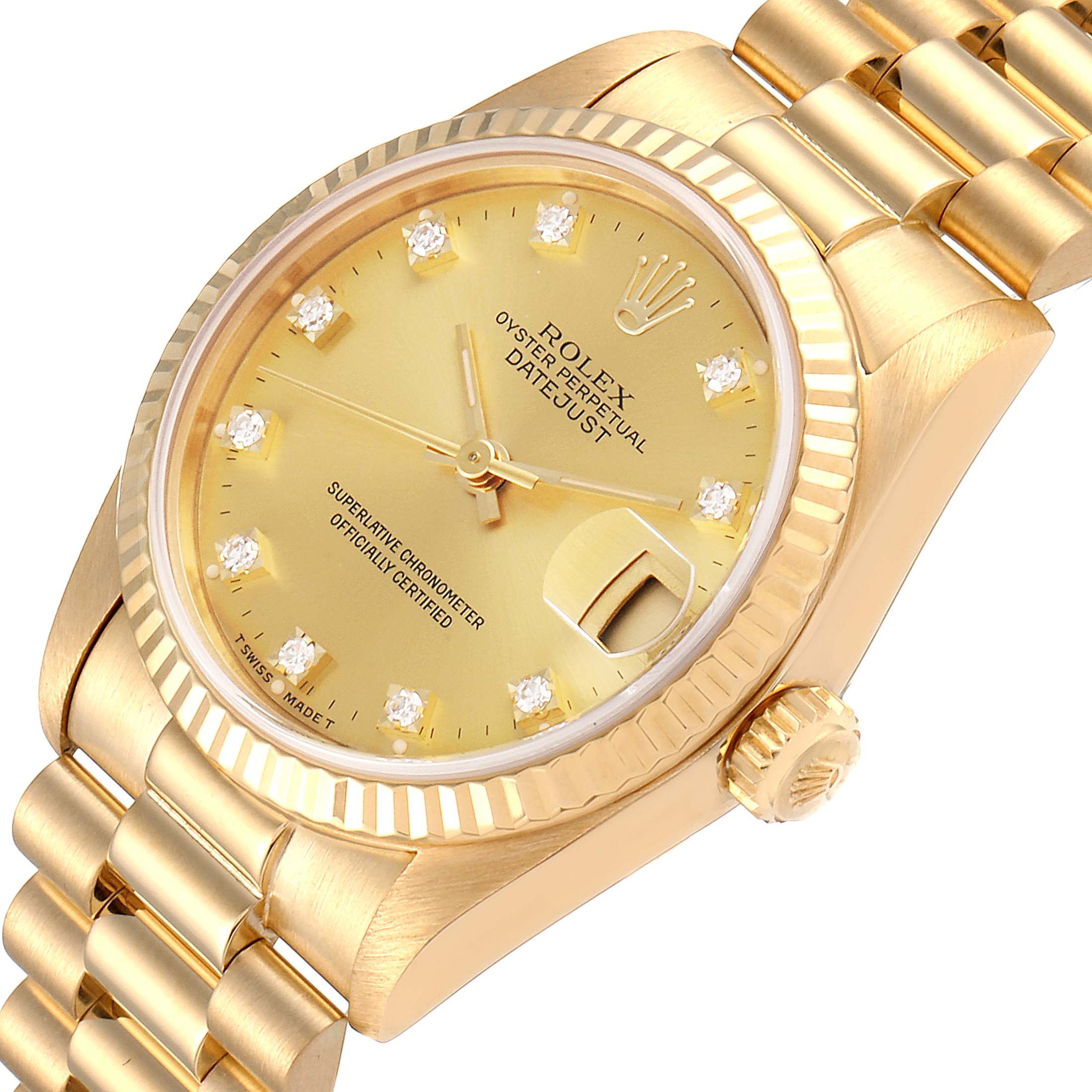 The image shows an angled close-up of a Rolex President 68278 Women's Yellow Gold Champagne Dial 68278 Women's Yellow Gold Champagne Dial model watch featuring its gold case, dial, and bracelet.