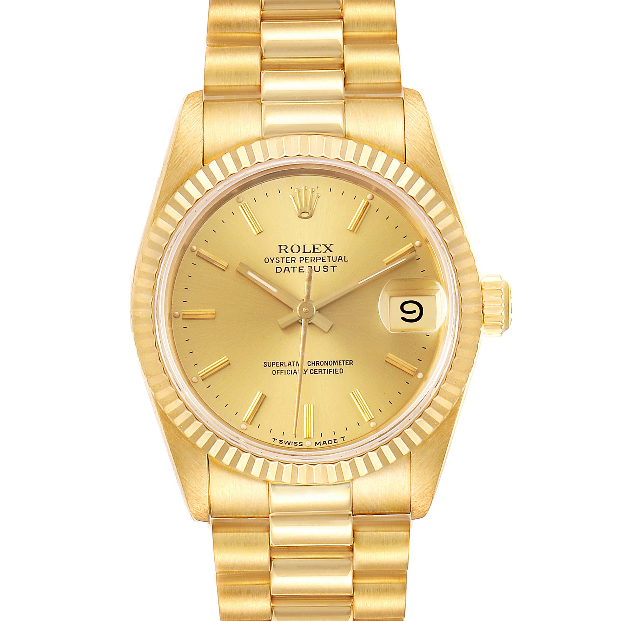 The Rolex President 68278 Women
s Yellow Gold Champagne Dial 68278 Women
s Yellow Gold Champagne Dial model watch is shown from the front, displaying the dial, hands, date window, and bracelet.