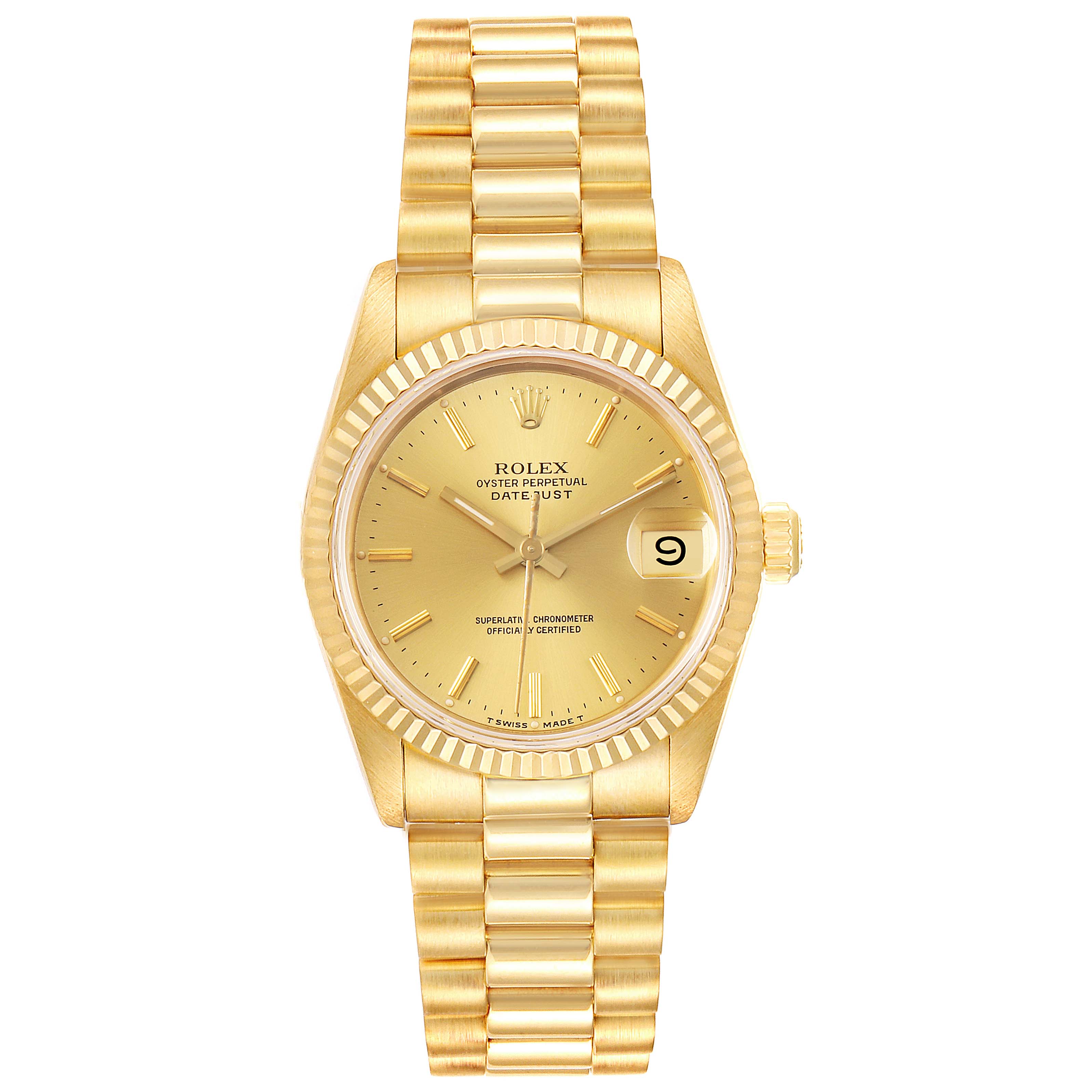 The image shows a Rolex President 68278 Women
s Yellow Gold Champagne Dial 68278 Women
s Yellow Gold Champagne Dial model watch from a front view, highlighting its gold bracelet, dial, and date window.