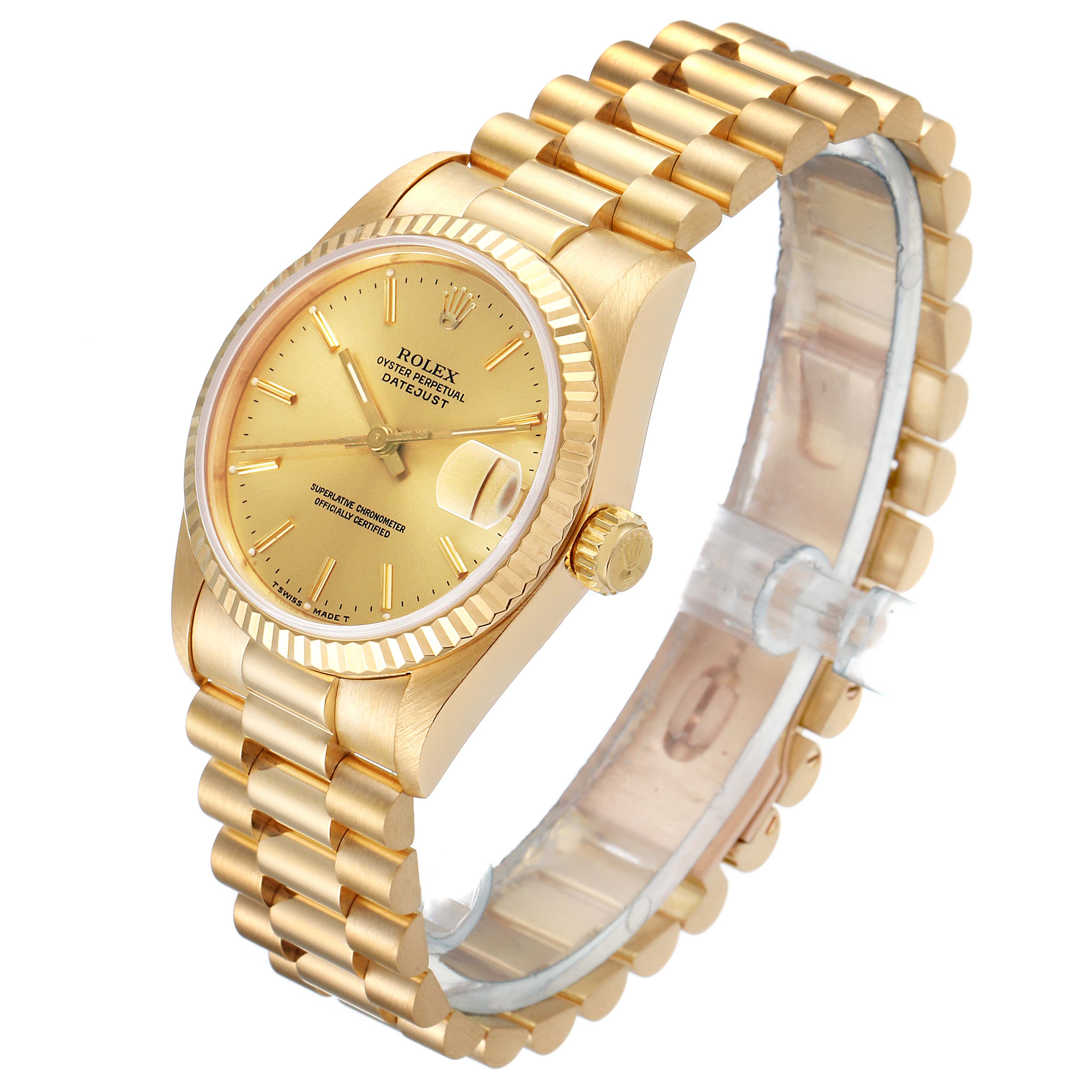 This image shows a side angle of a Rolex President 68278 Women
s Yellow Gold Champagne Dial 68278 Women
s Yellow Gold Champagne Dial model watch, displaying its golden dial, crown, and President bracelet.