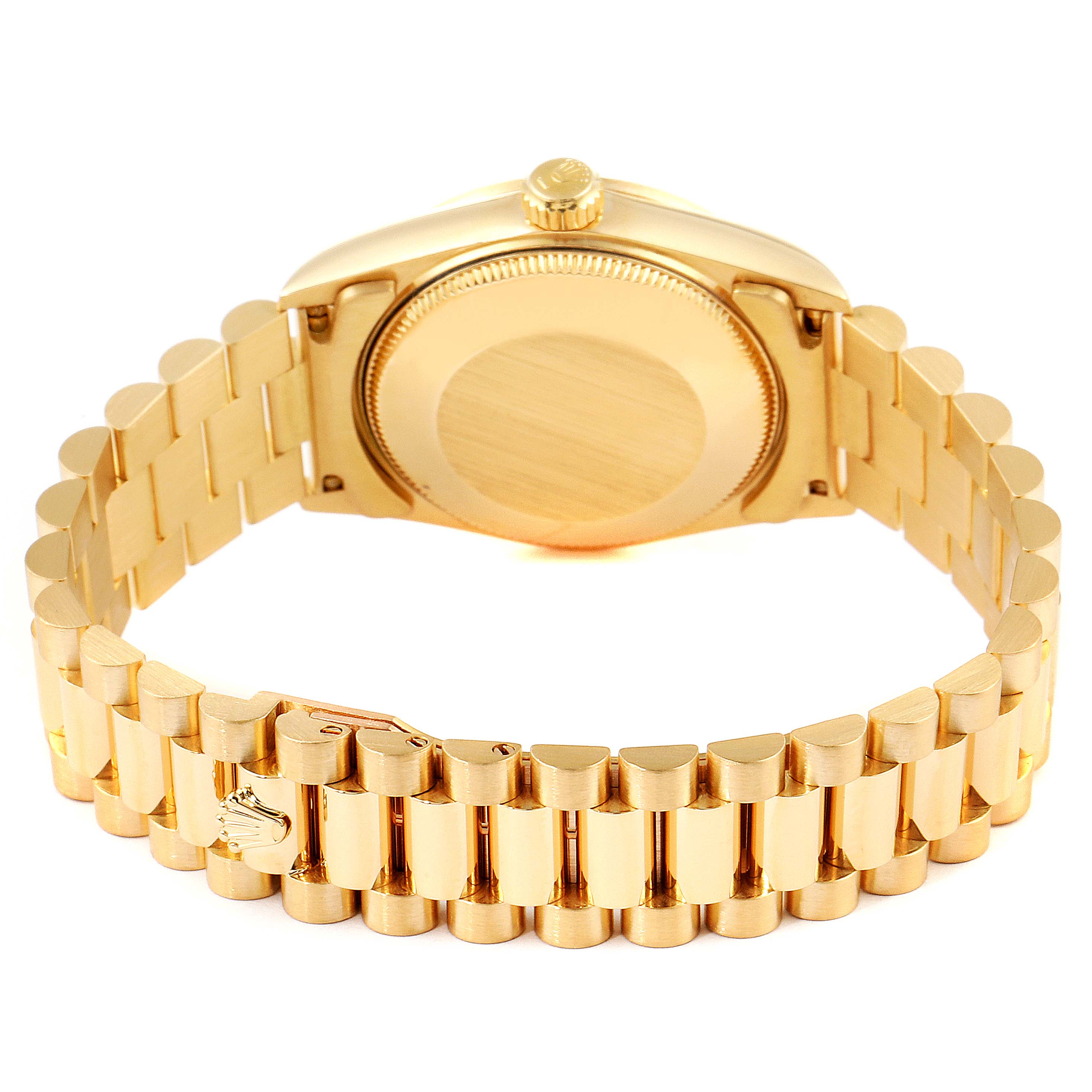 The image shows the back side and bracelet of a Rolex President 68278 Women
s Yellow Gold Champagne Dial 68278 Women
s Yellow Gold Champagne Dial model watch, including its clasp and case back.