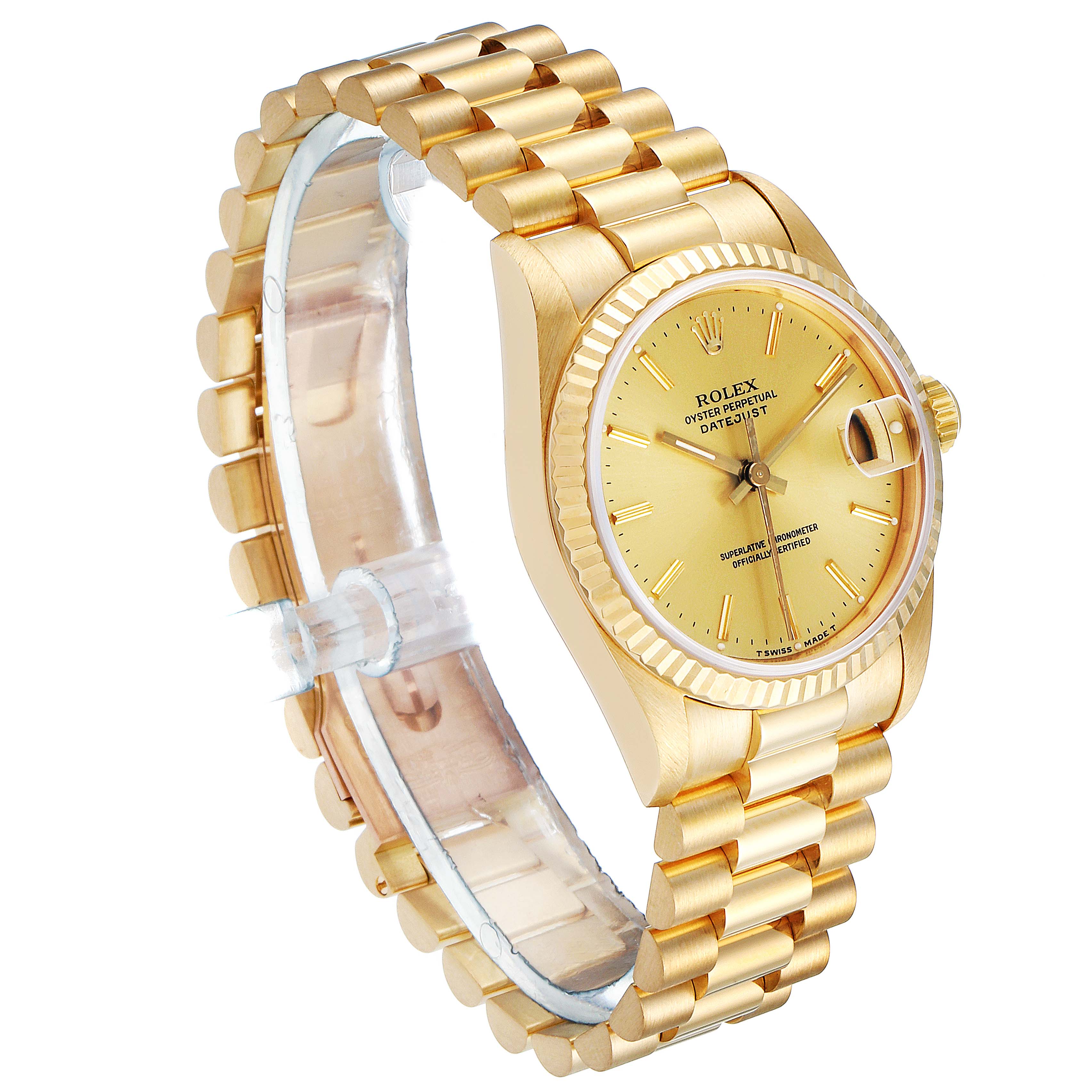 This is a side and front view of a gold Rolex President 68278 Women
s Yellow Gold Champagne Dial 68278 Women
s Yellow Gold Champagne Dial model watch, showcasing its face, band, and crown.