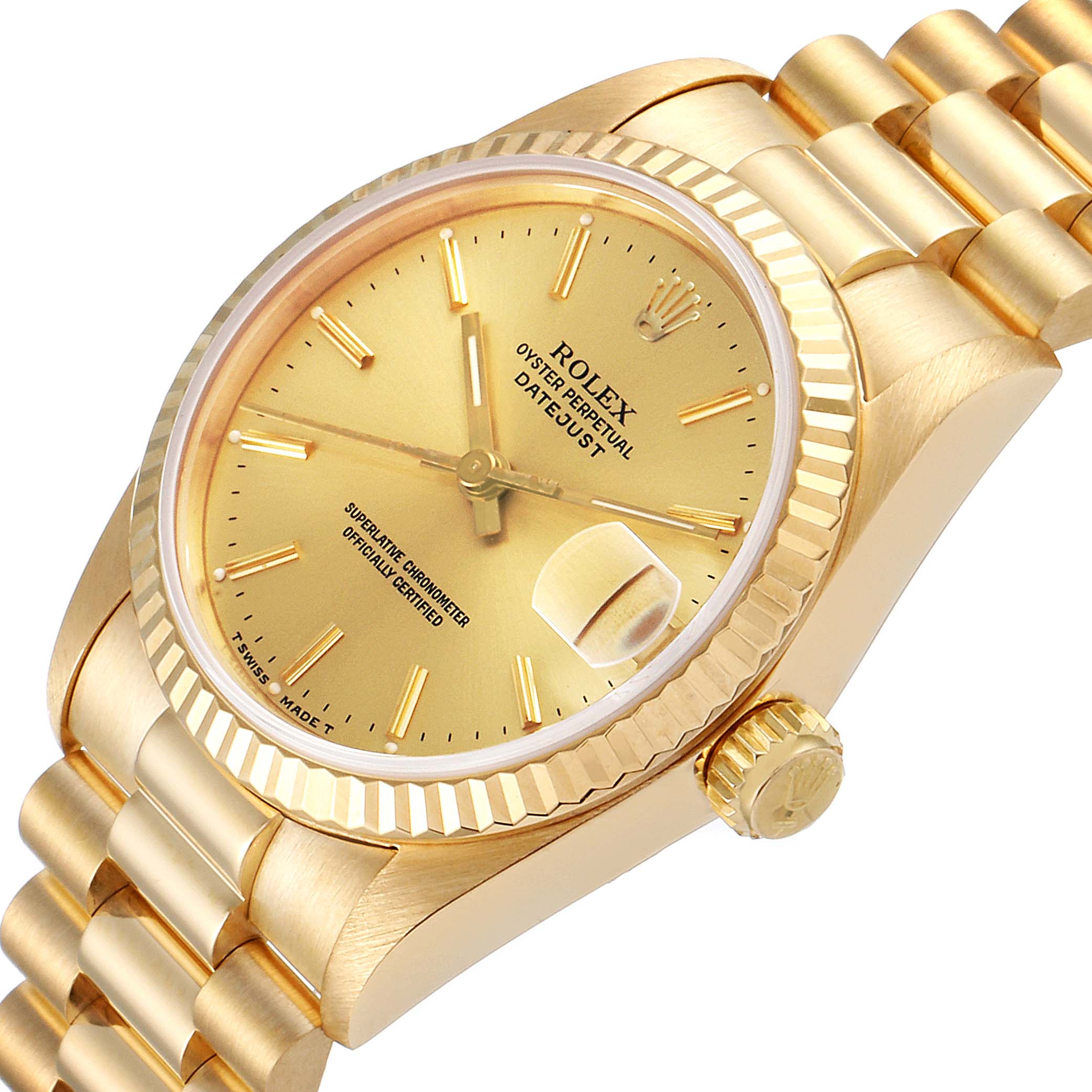 The image shows a close-up angled view of a Rolex President 68278 Women
s Yellow Gold Champagne Dial 68278 Women
s Yellow Gold Champagne Dial model watch, highlighting the dial, crown, case, and bracelet.