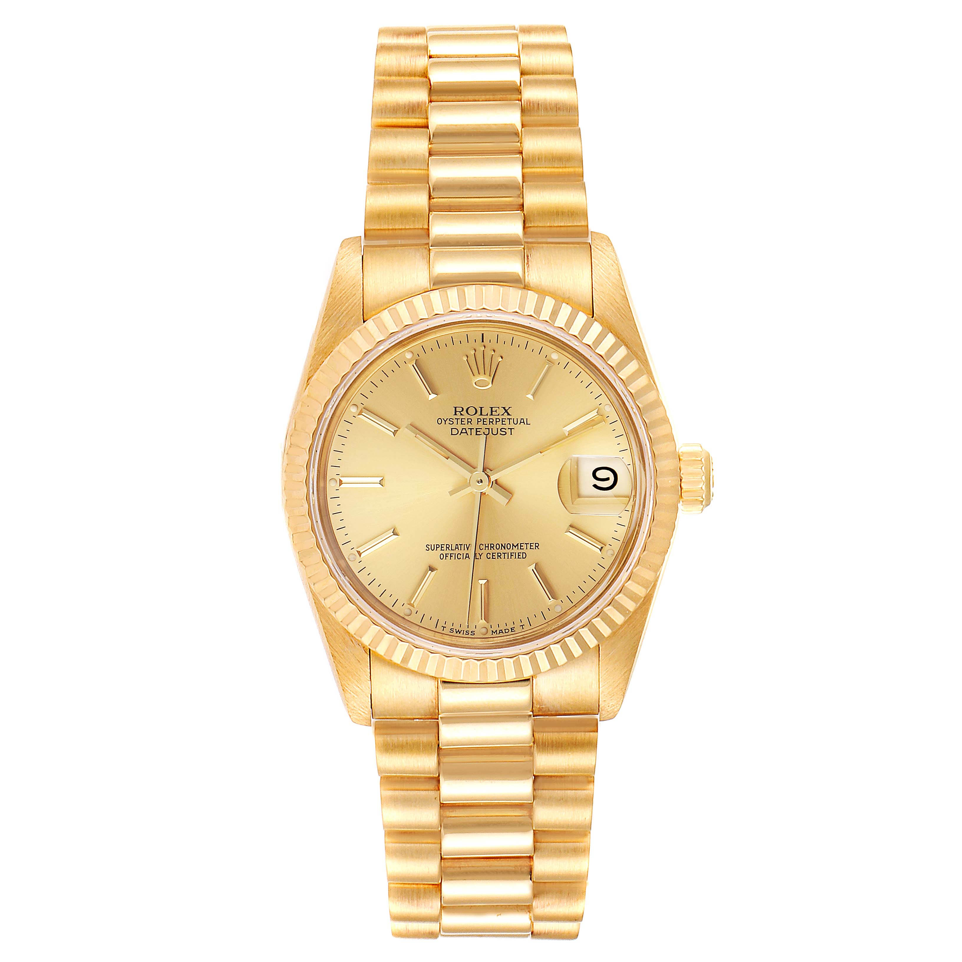 The image shows a front view of the Rolex President 68278 Women
s Yellow Gold Champagne Dial 68278 Women
s Yellow Gold Champagne Dial model watch, displaying the bracelet, dial, date window, and crown.