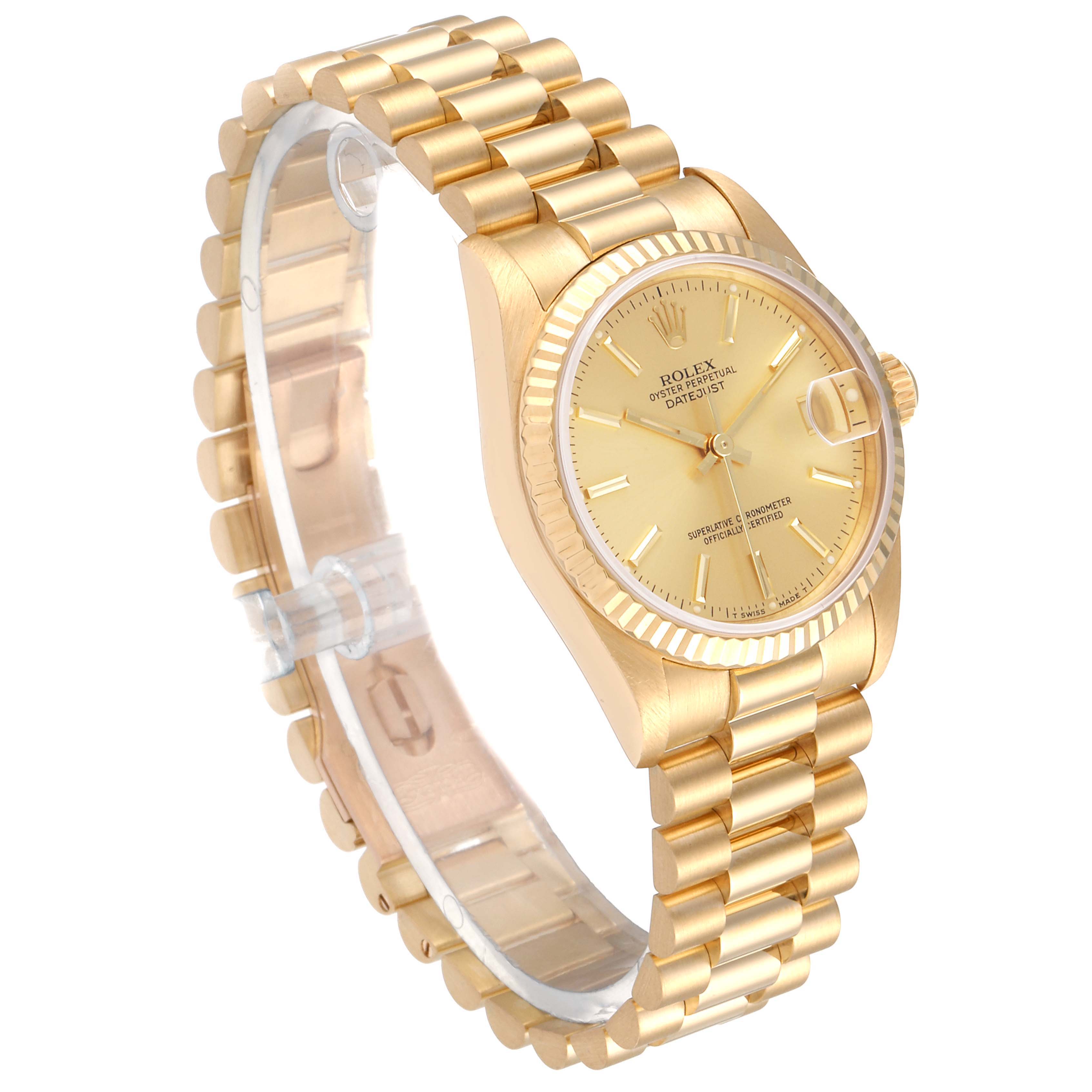 The image shows a Rolex President 68278 Women
s Yellow Gold Champagne Dial 68278 Women
s Yellow Gold Champagne Dial model watch at a slight angle, highlighting the watch face, fluted bezel, and linked bracelet.