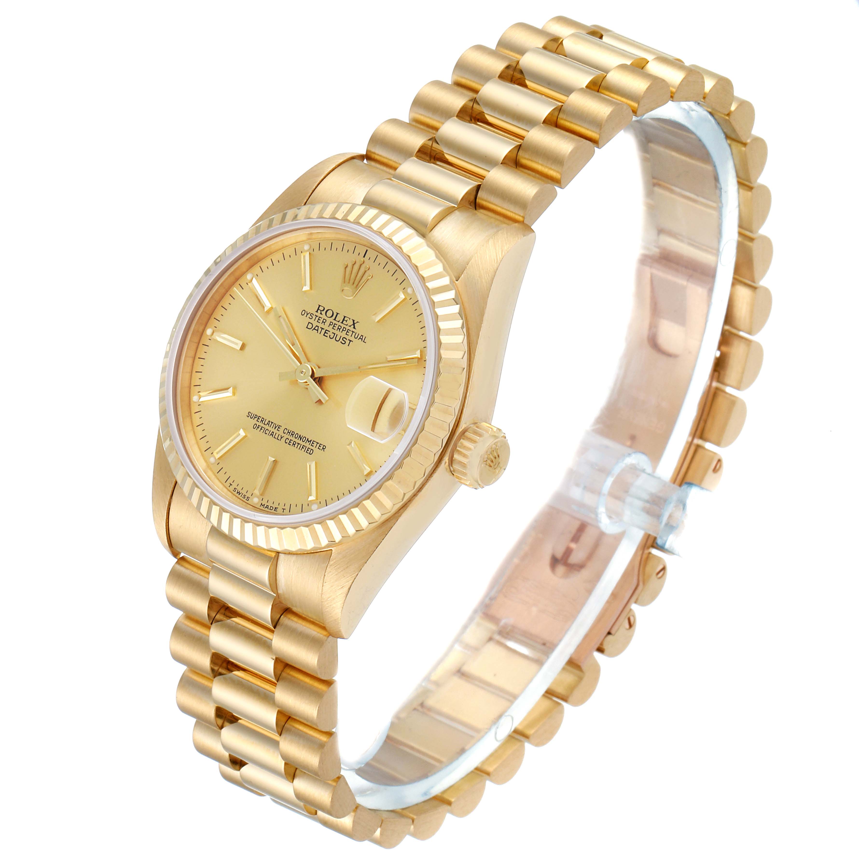 This Rolex President 68278 Women
s Yellow Gold Champagne Dial 68278 Women
s Yellow Gold Champagne Dial model watch is shown at an angled view, highlighting the gold dial, fluted bezel, and President bracelet.