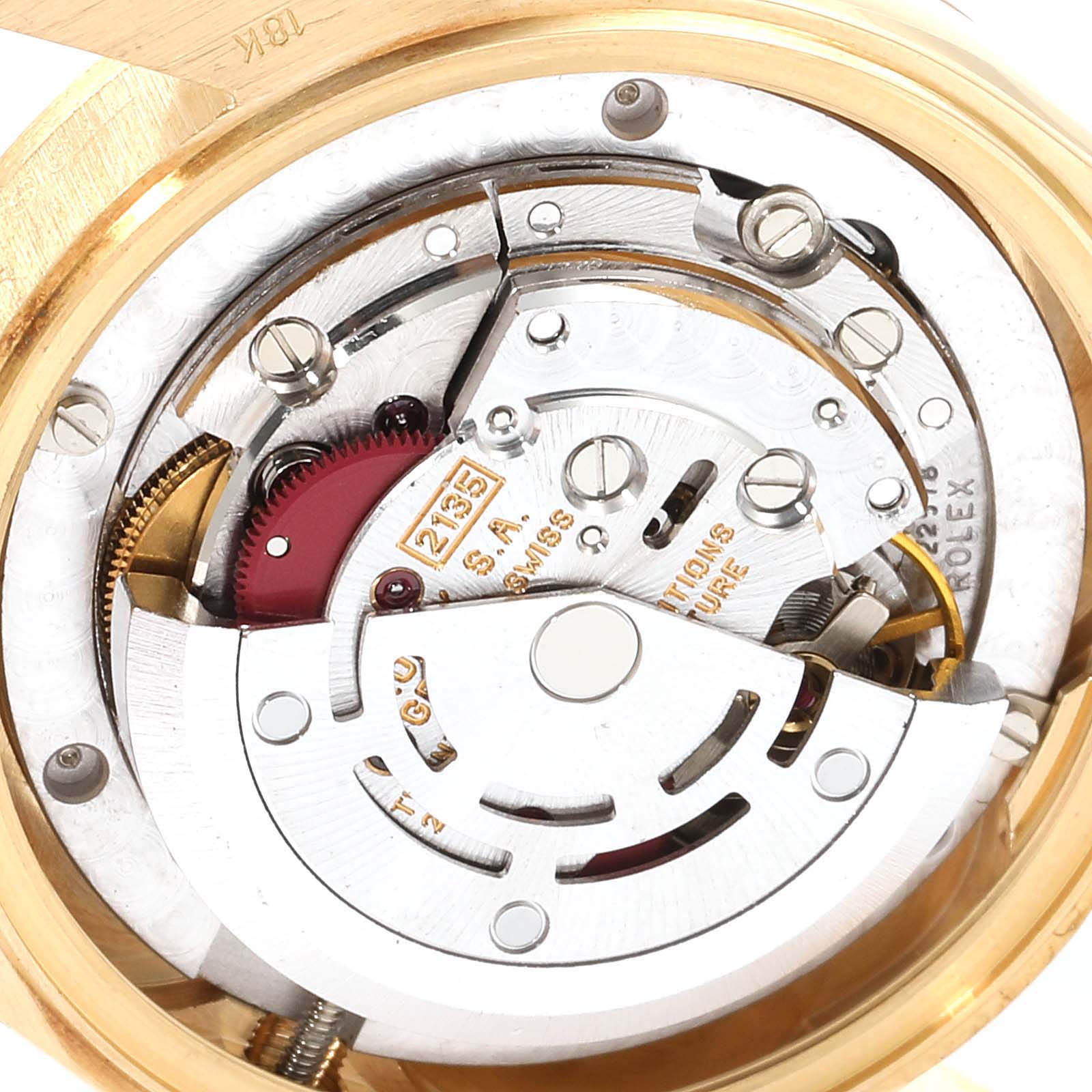 The image shows a close-up view of the automatic movement inside a Rolex President 68278 Women
s Yellow Gold Champagne Dial 68278 Women
s Yellow Gold Champagne Dial watch model.