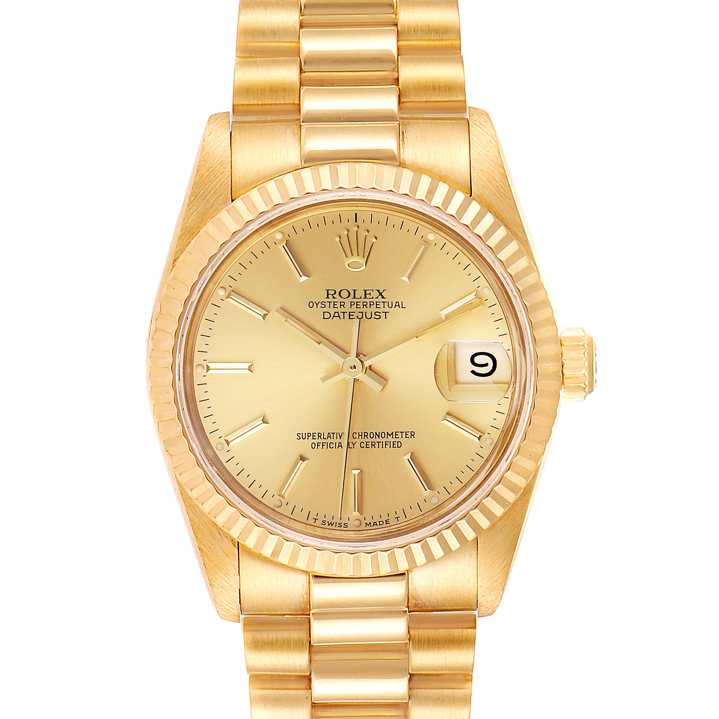 The Rolex President 68278 Women
s Yellow Gold Champagne Dial 68278 Women
s Yellow Gold Champagne Dial model watch is shown from the front, highlighting its gold dial, bezel, bracelet, and date magnifier.