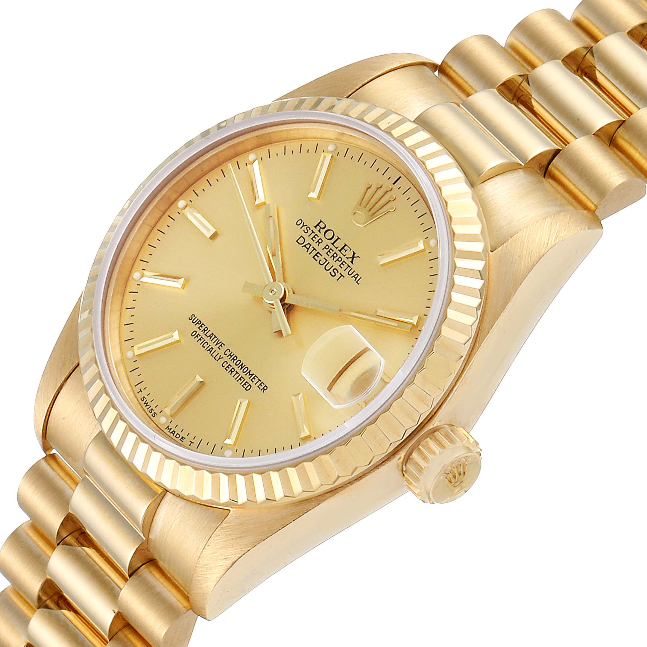 This image shows a Rolex President 68278 Women
s Yellow Gold Champagne Dial 68278 Women
s Yellow Gold Champagne Dial model watch at an angled close-up, highlighting its gold case, dial, and bracelet.