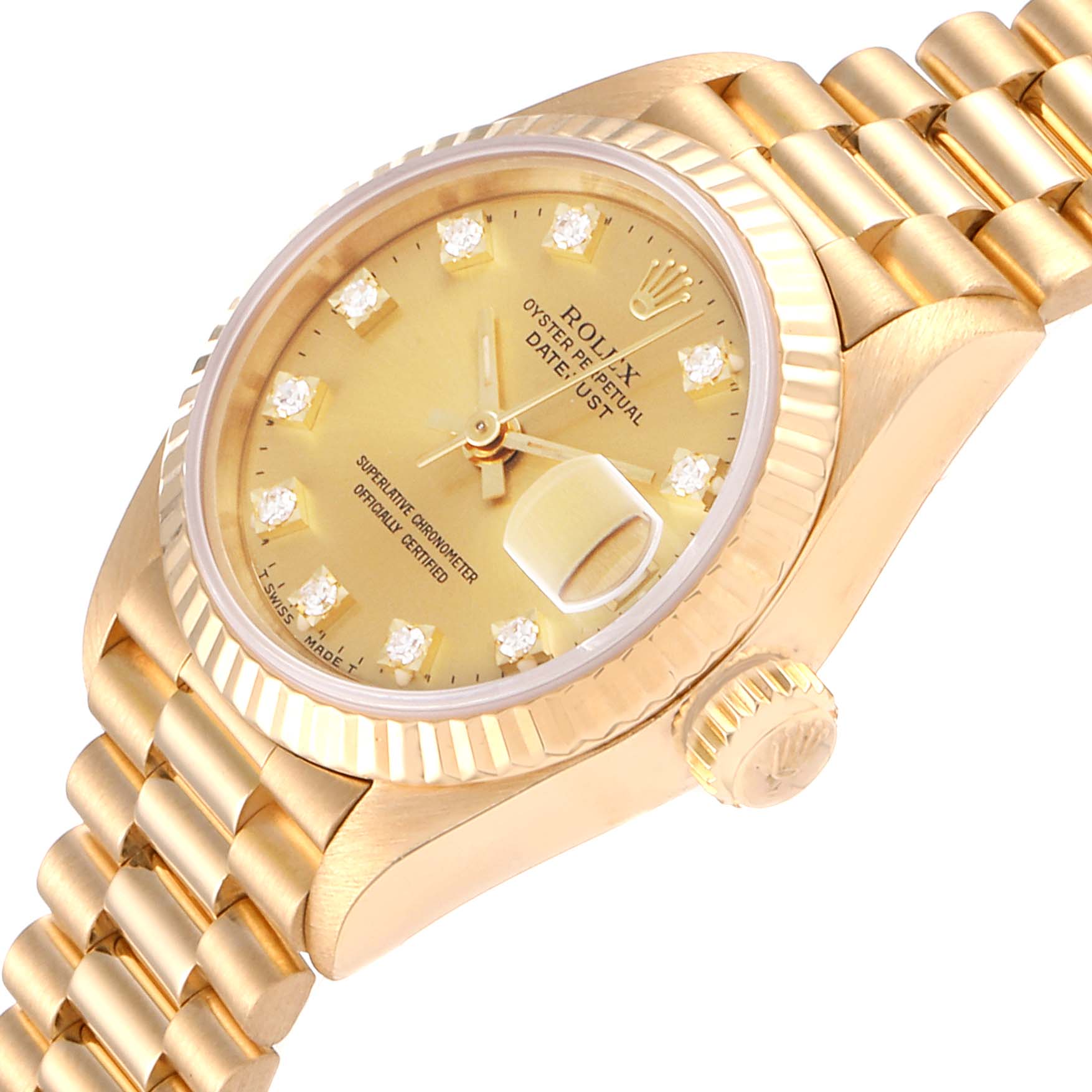 The image shows a side angle of a Rolex President 69178 Women
s Yellow Gold Champagne Dial 69178 Women
s Yellow Gold Champagne Dial model watch, highlighting the dial, crown, and bracelet.