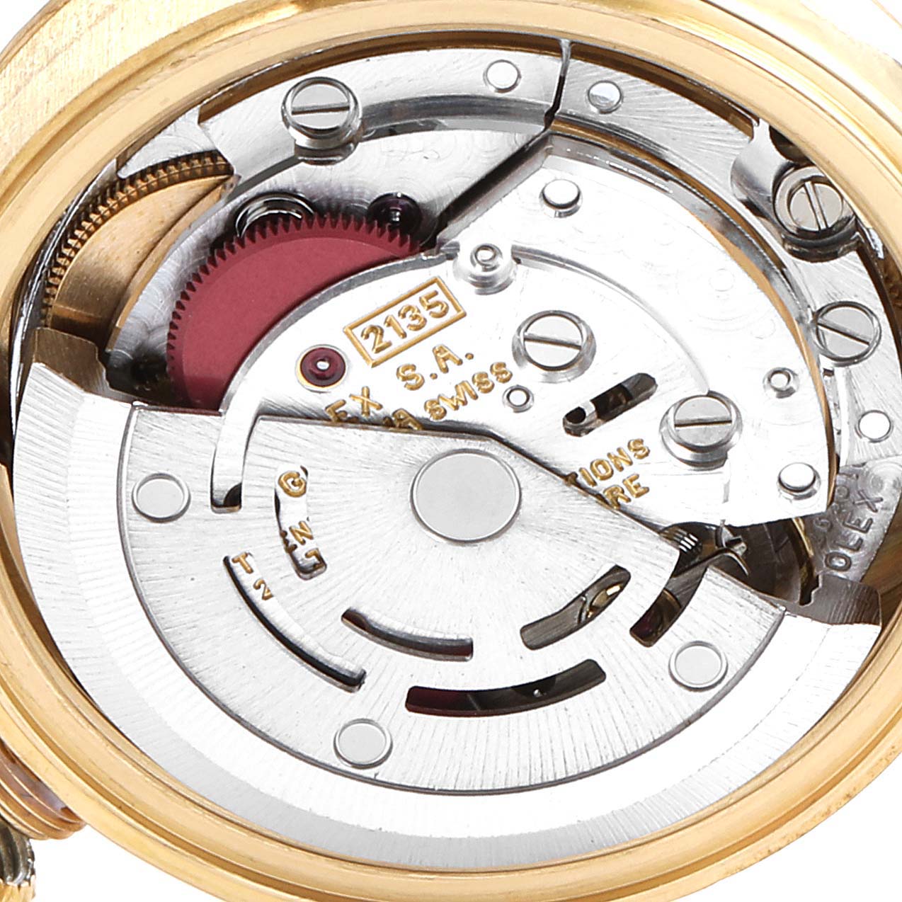 This is an internal view of the Rolex President 69178 Women
s Yellow Gold Champagne Dial 69178 Women
s Yellow Gold Champagne Dial model watch, showcasing its intricate mechanical movement.