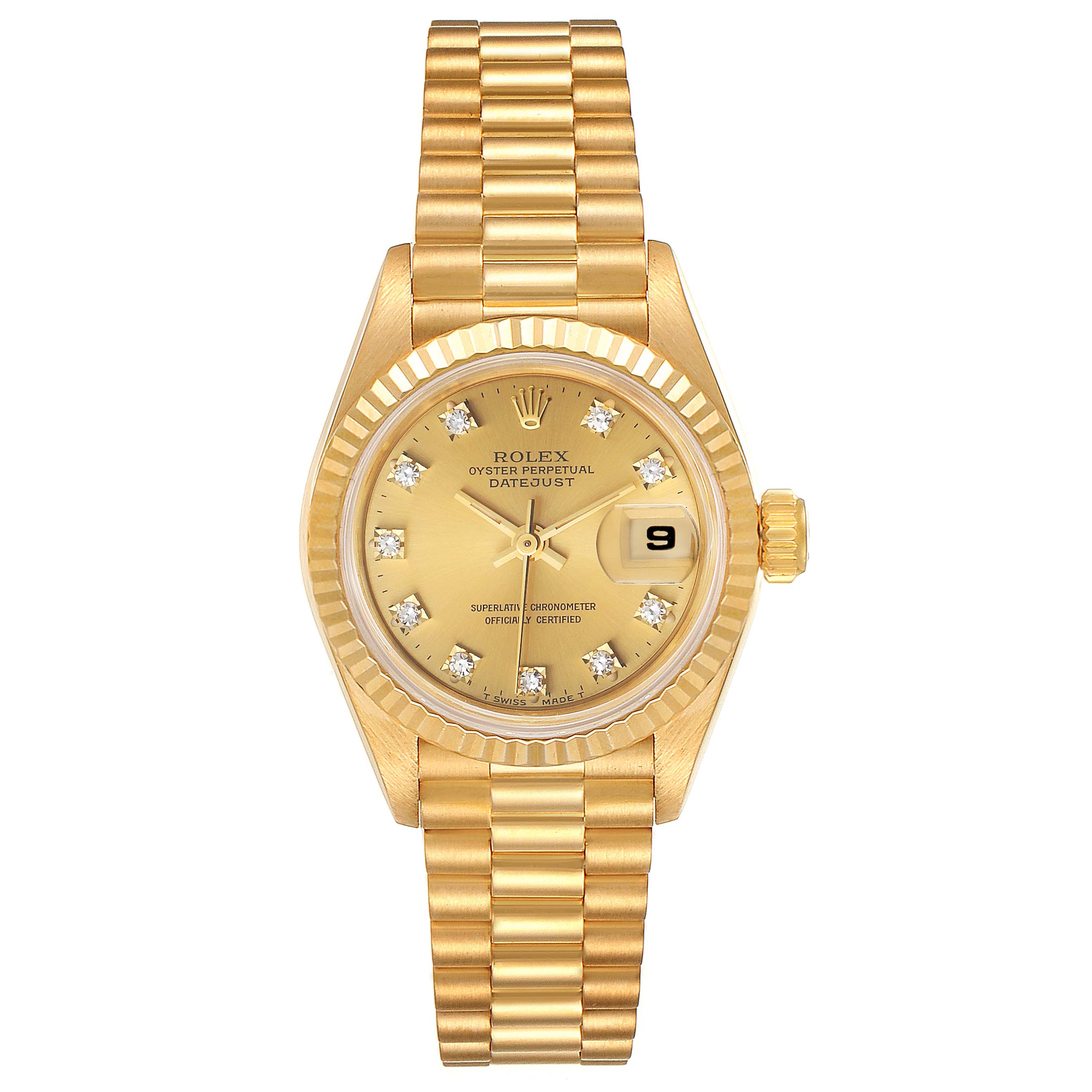 The image shows a frontal view of the Rolex President 69178 Women
s Yellow Gold Champagne Dial 69178 Women
s Yellow Gold Champagne Dial model watch, featuring its gold bracelet, dial, and date window.