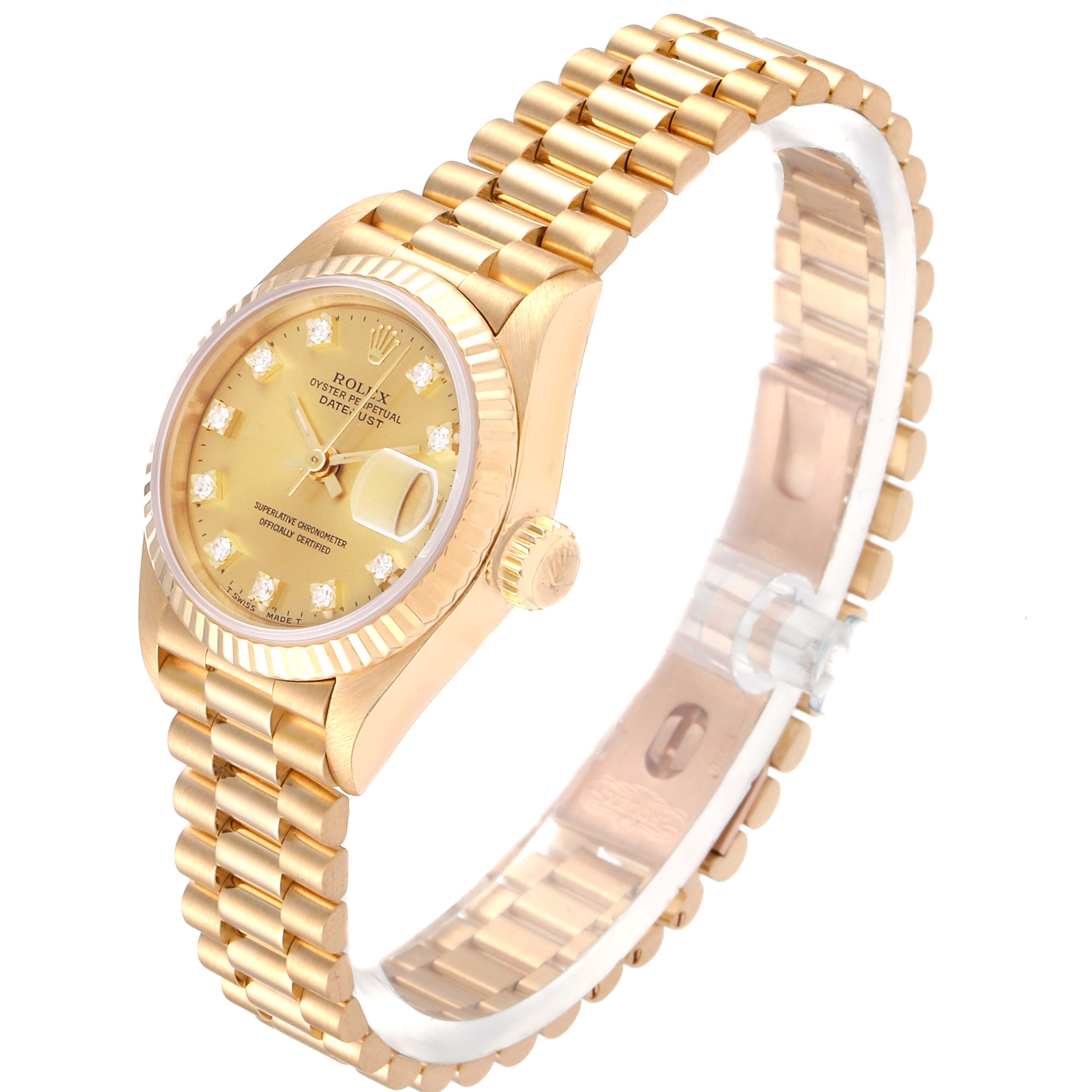 The Rolex President 69178 Women
s Yellow Gold Champagne Dial 69178 Women
s Yellow Gold Champagne Dial model watch is shown at a front angle, highlighting its gold case, dial, and bracelet.