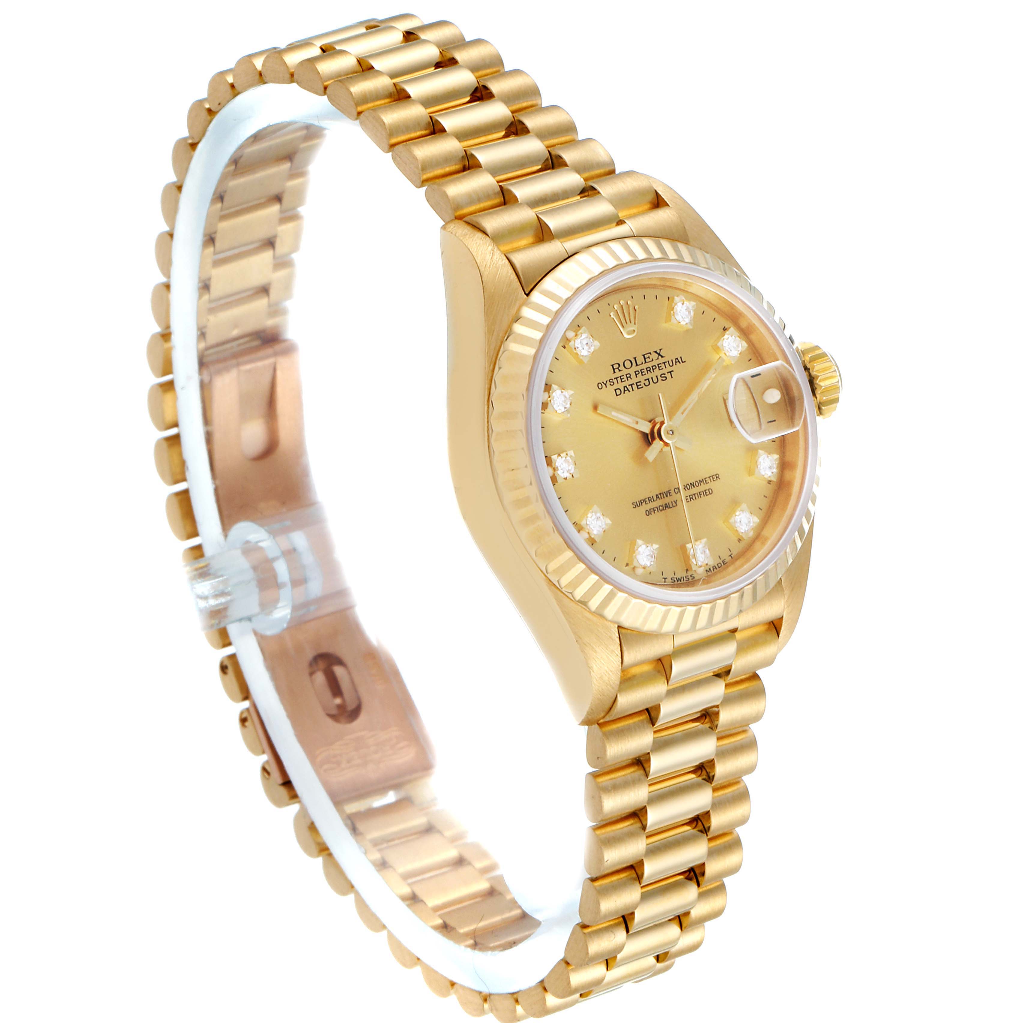 The image shows a side and front angle of a gold Rolex President 69178 Women
s Yellow Gold Champagne Dial 69178 Women
s Yellow Gold Champagne Dial model watch with a fluted bezel and diamond markers.