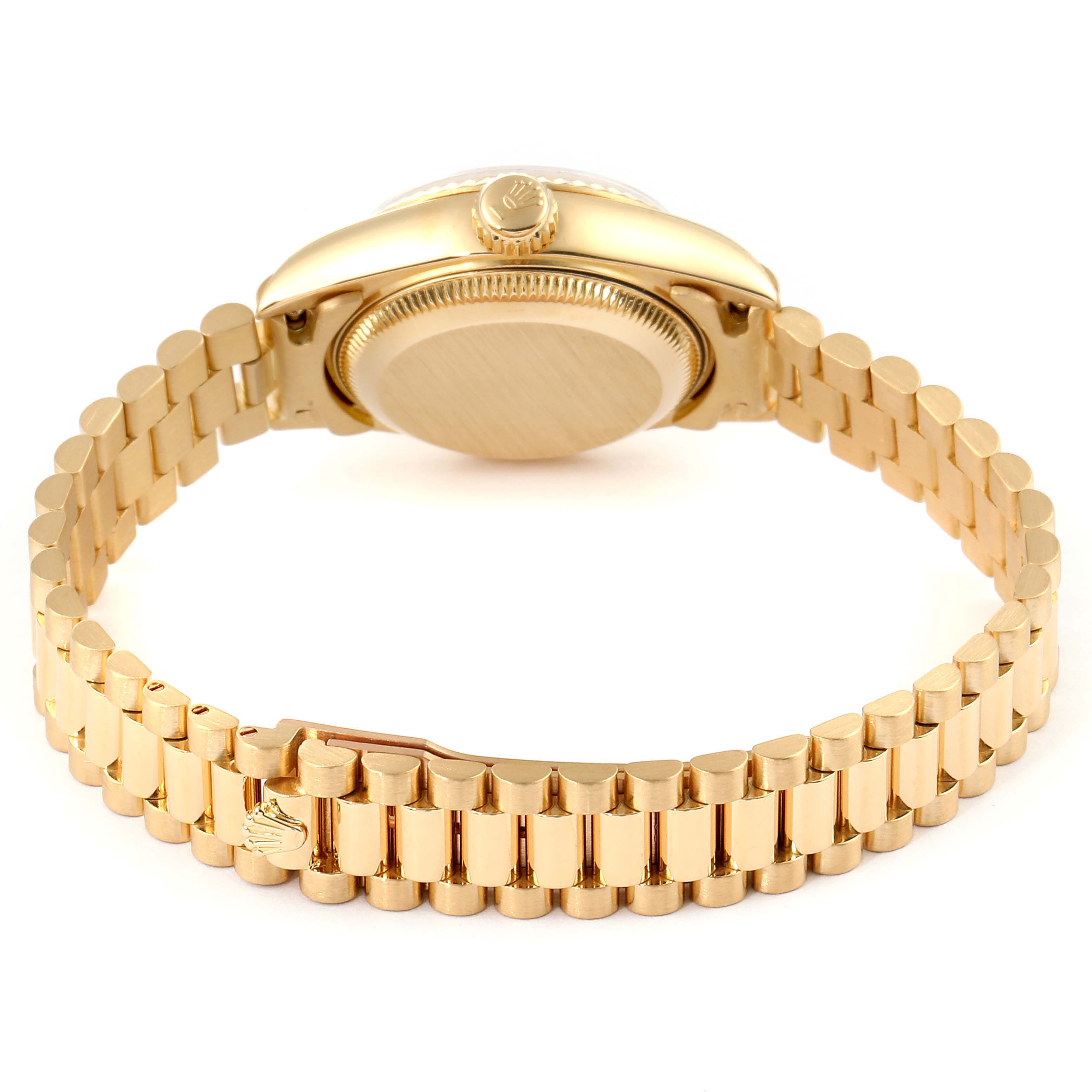 This image shows the back and bracelet of a Rolex President 69178 Women
s Yellow Gold Champagne Dial 69178 Women
s Yellow Gold Champagne Dial model watch from an upright angle.
