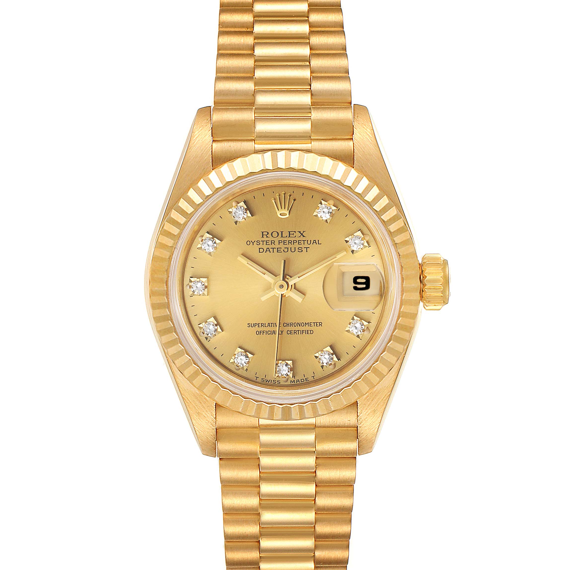 The image shows a front view of a Rolex President 69178 Women
s Yellow Gold Champagne Dial 69178 Women
s Yellow Gold Champagne Dial model watch with a gold band, fluted bezel, and diamond hour markers.